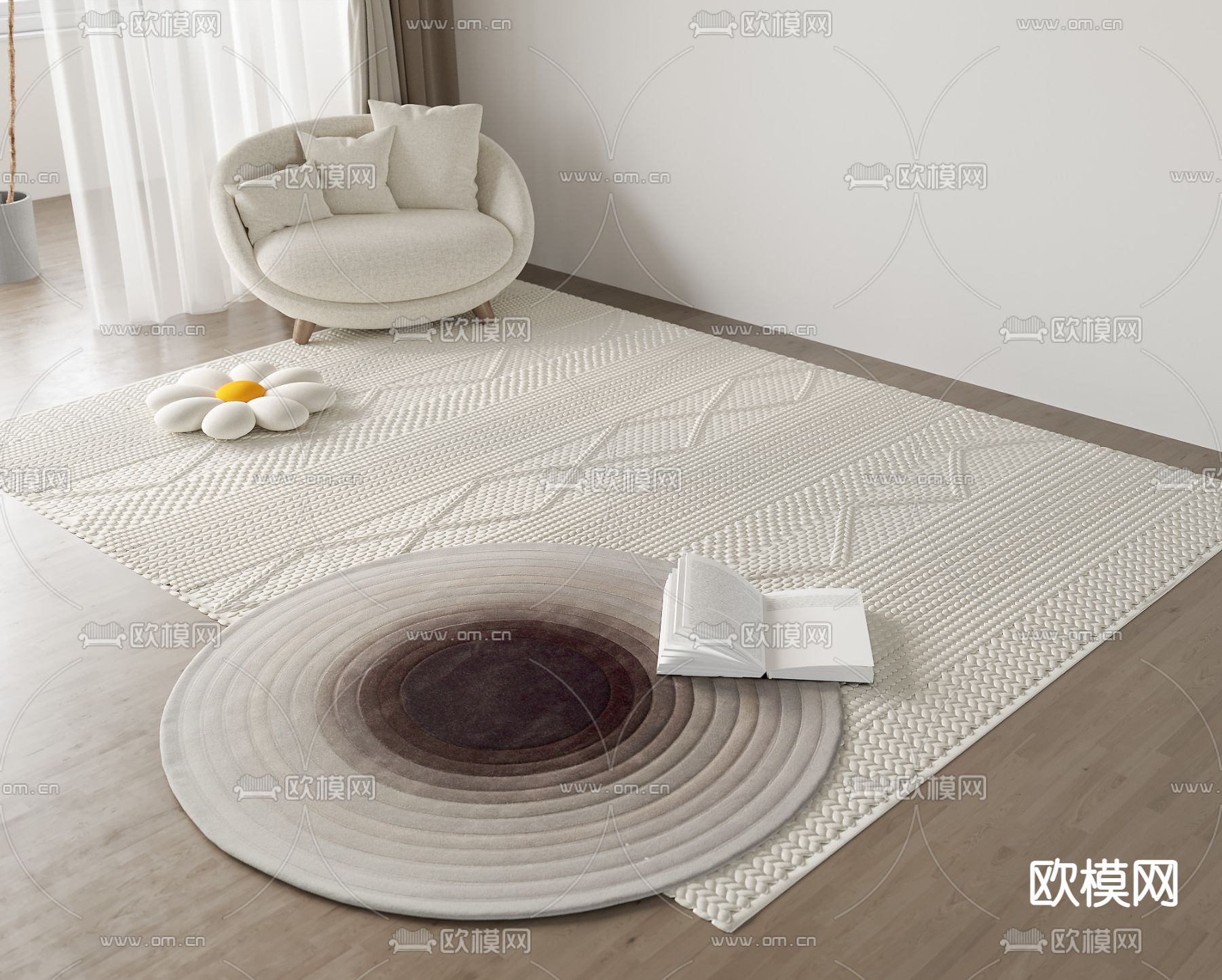 奶油风圆形地毯3d模型下载
