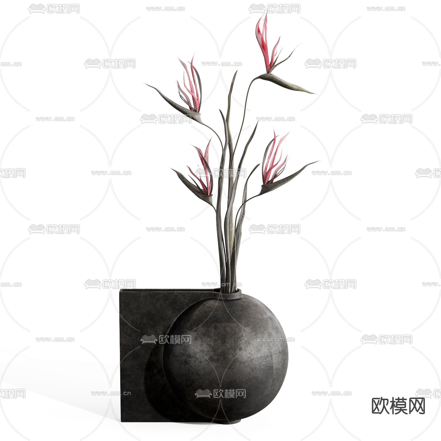 新中式干枝 陶瓷花瓶 插花 花艺3d模型