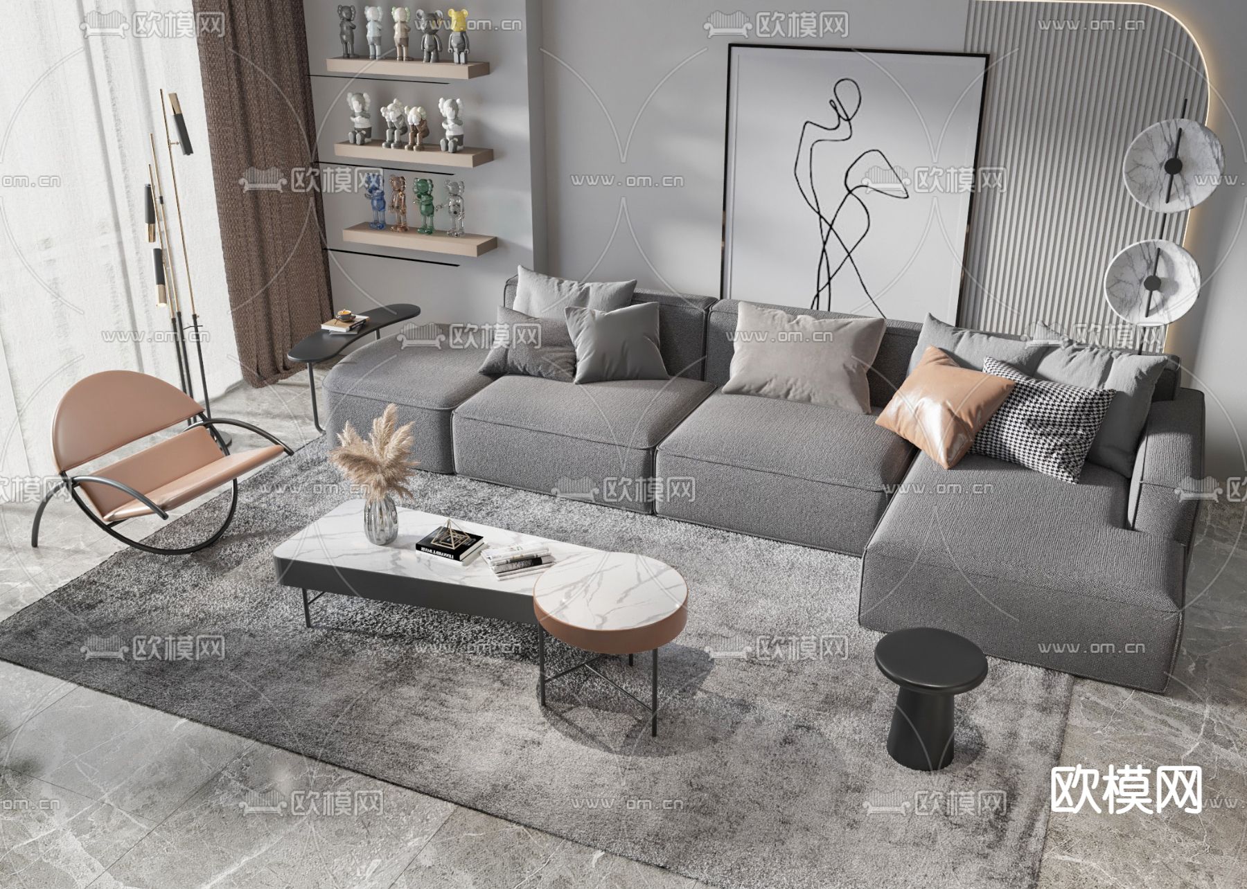 高级灰转角组合沙发3d模型下载