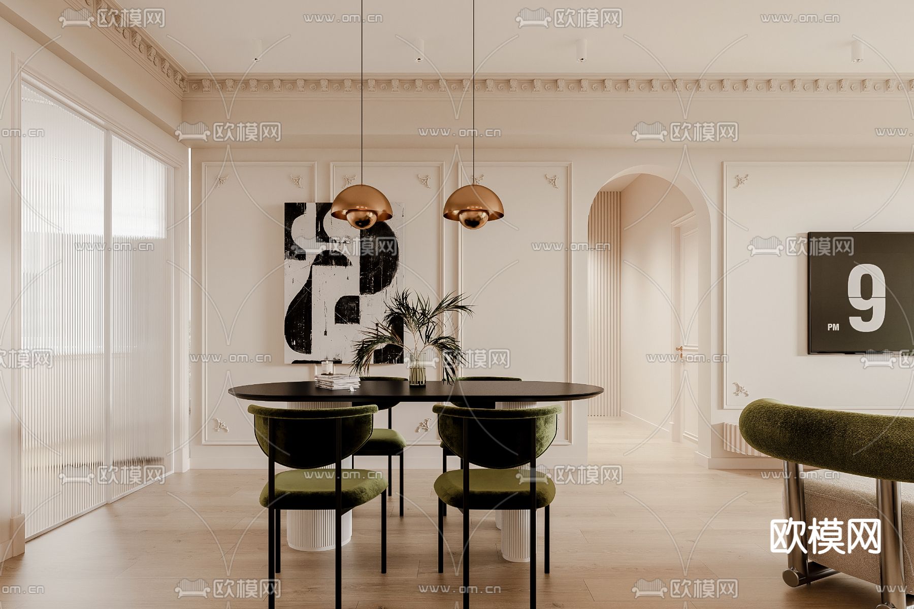 奶油风客餐厅3d模型下载（渲染图2）