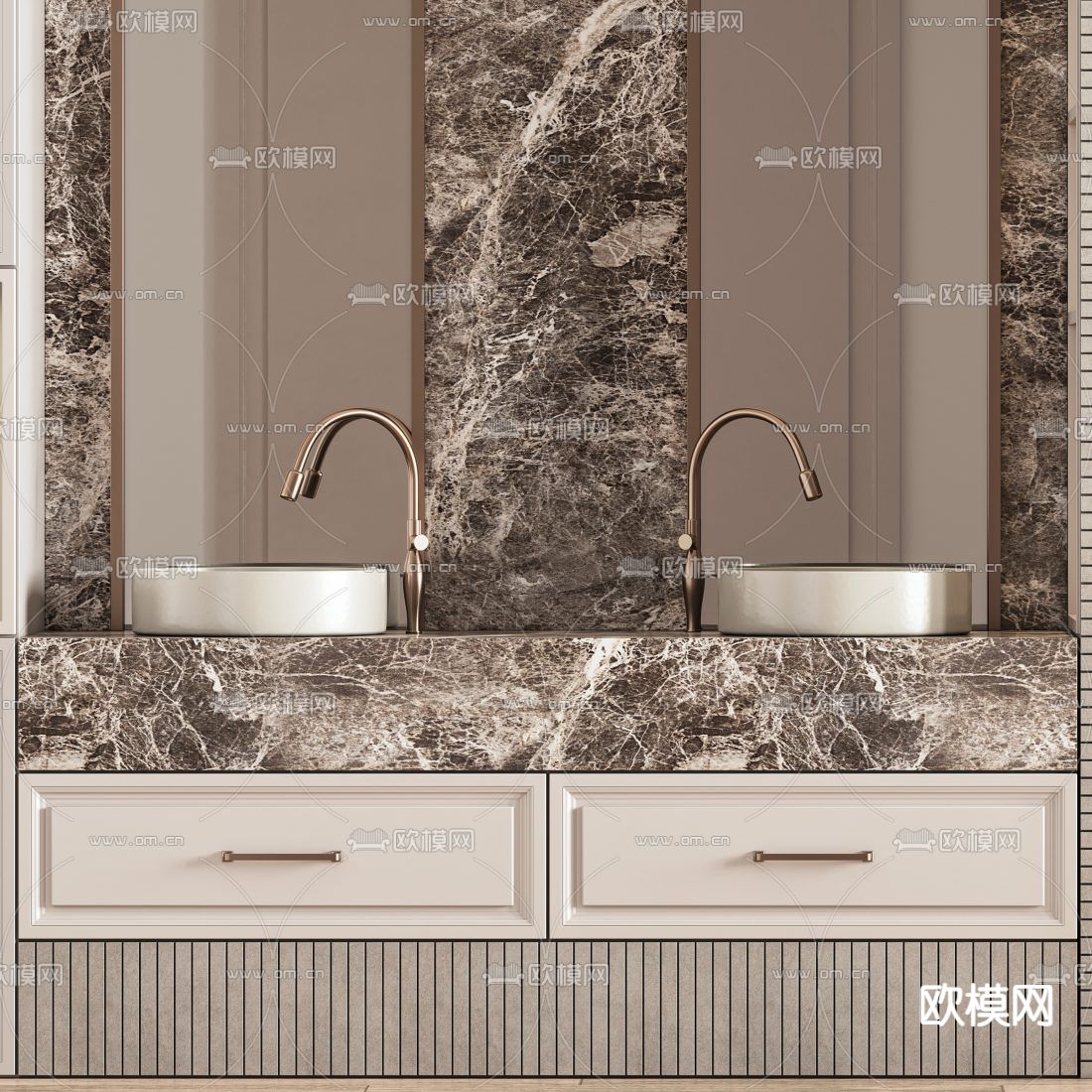 轻奢双盆洗手台 洗手盆3d模型下载（渲染图3）