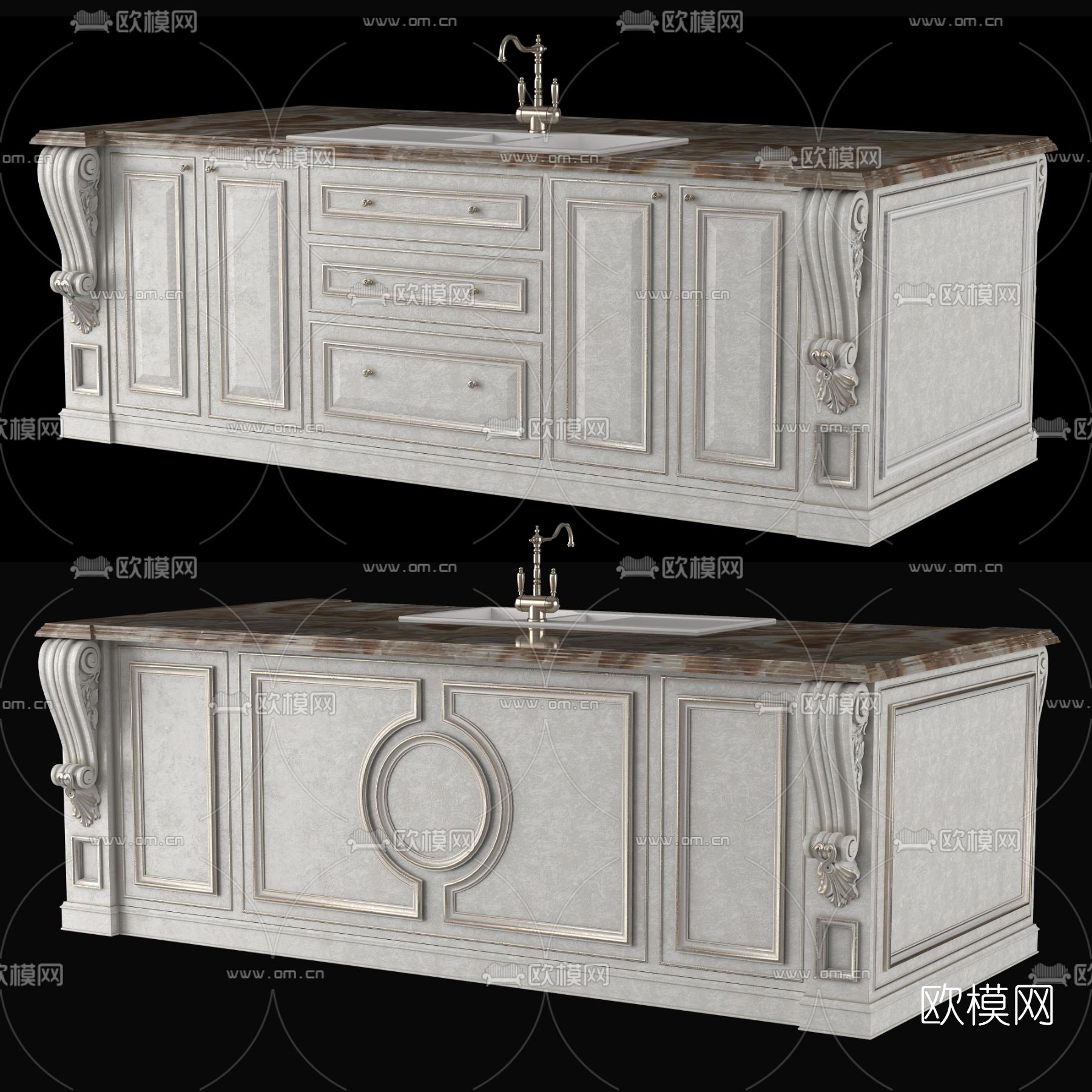 欧式厨房橱柜3d模型下载（渲染图1）