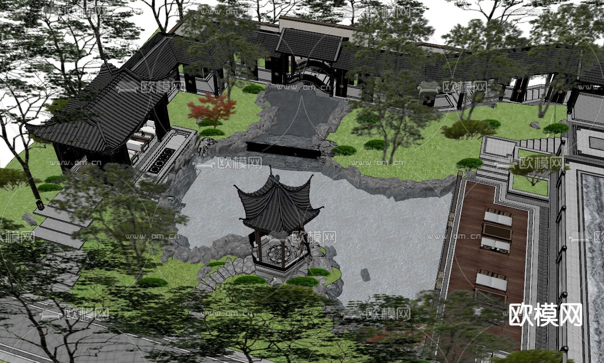 中式水庭院亭廊su模型下载（渲染图6）