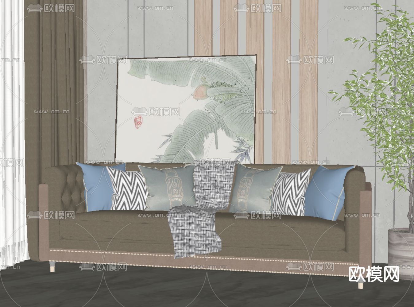 新中式布艺双人沙发su模型下载（渲染图2）