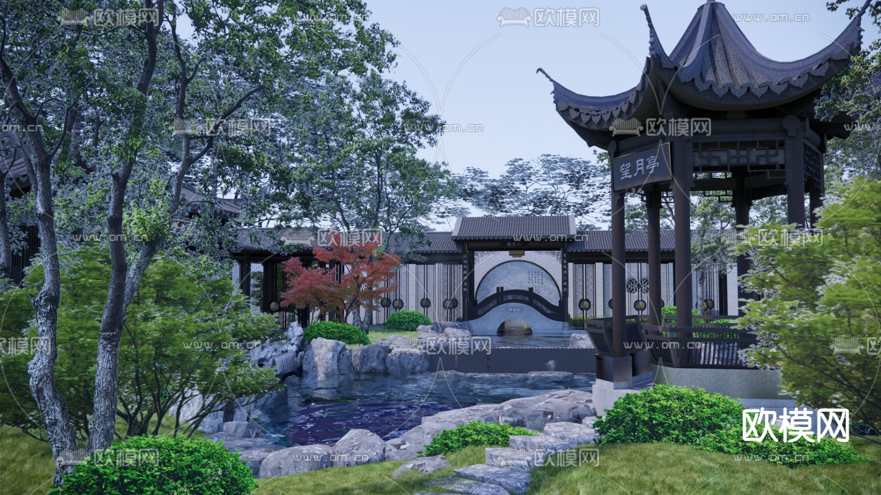 中式水庭院亭廊su模型下载（渲染图3）