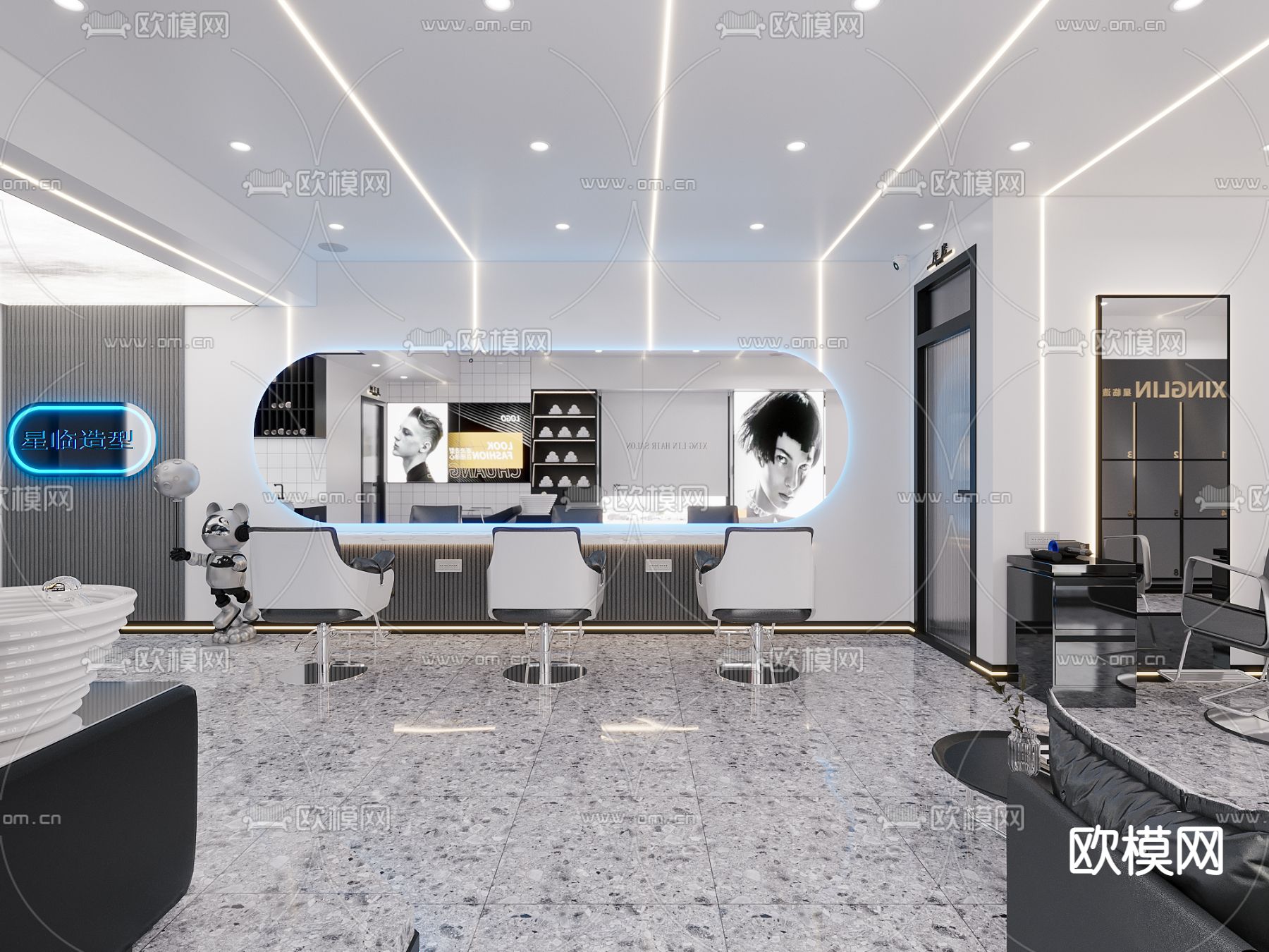 轻奢理发店 美发店3d模型下载（渲染图2）