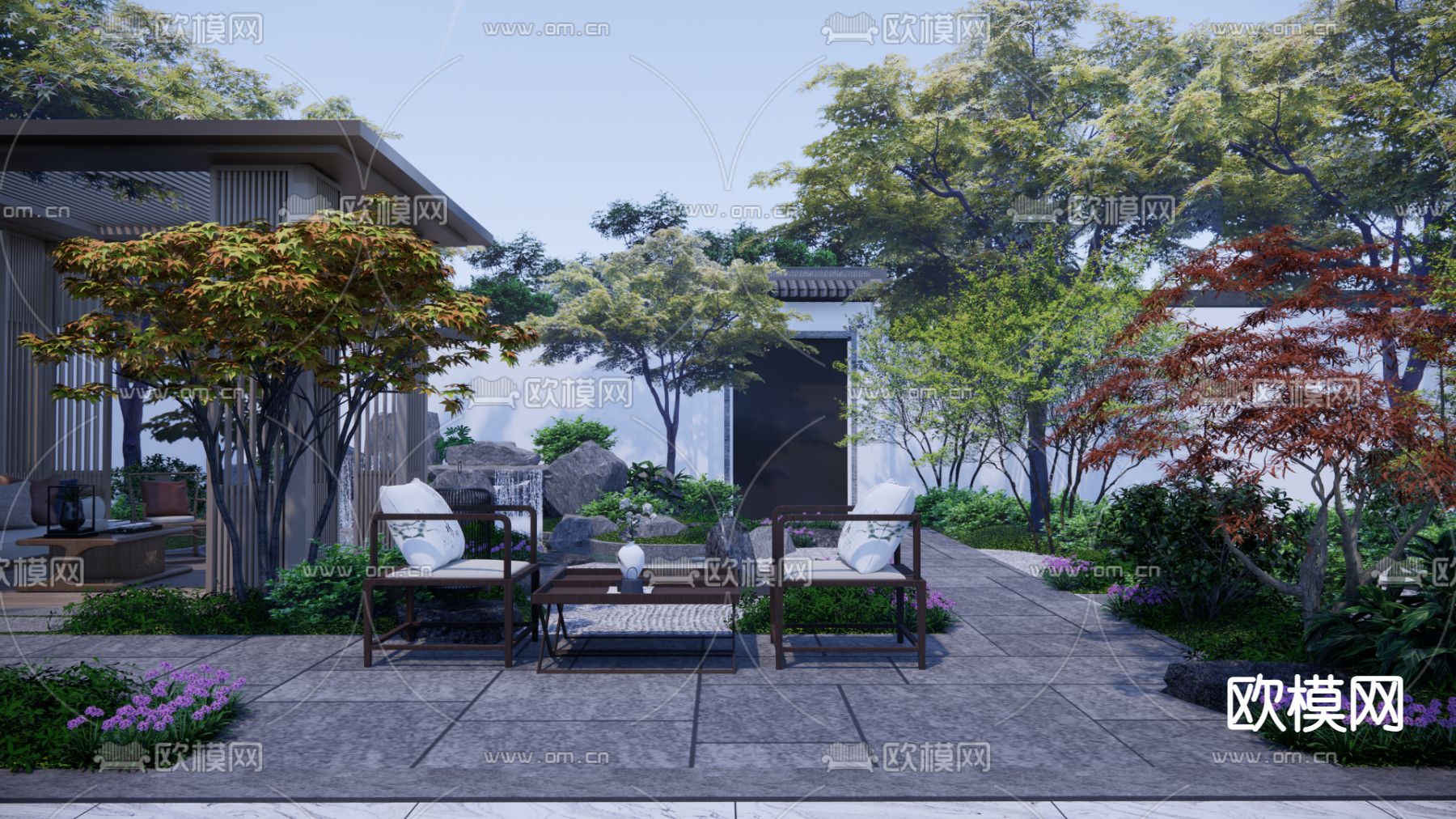 中式别墅庭院su模型下载（渲染图1）