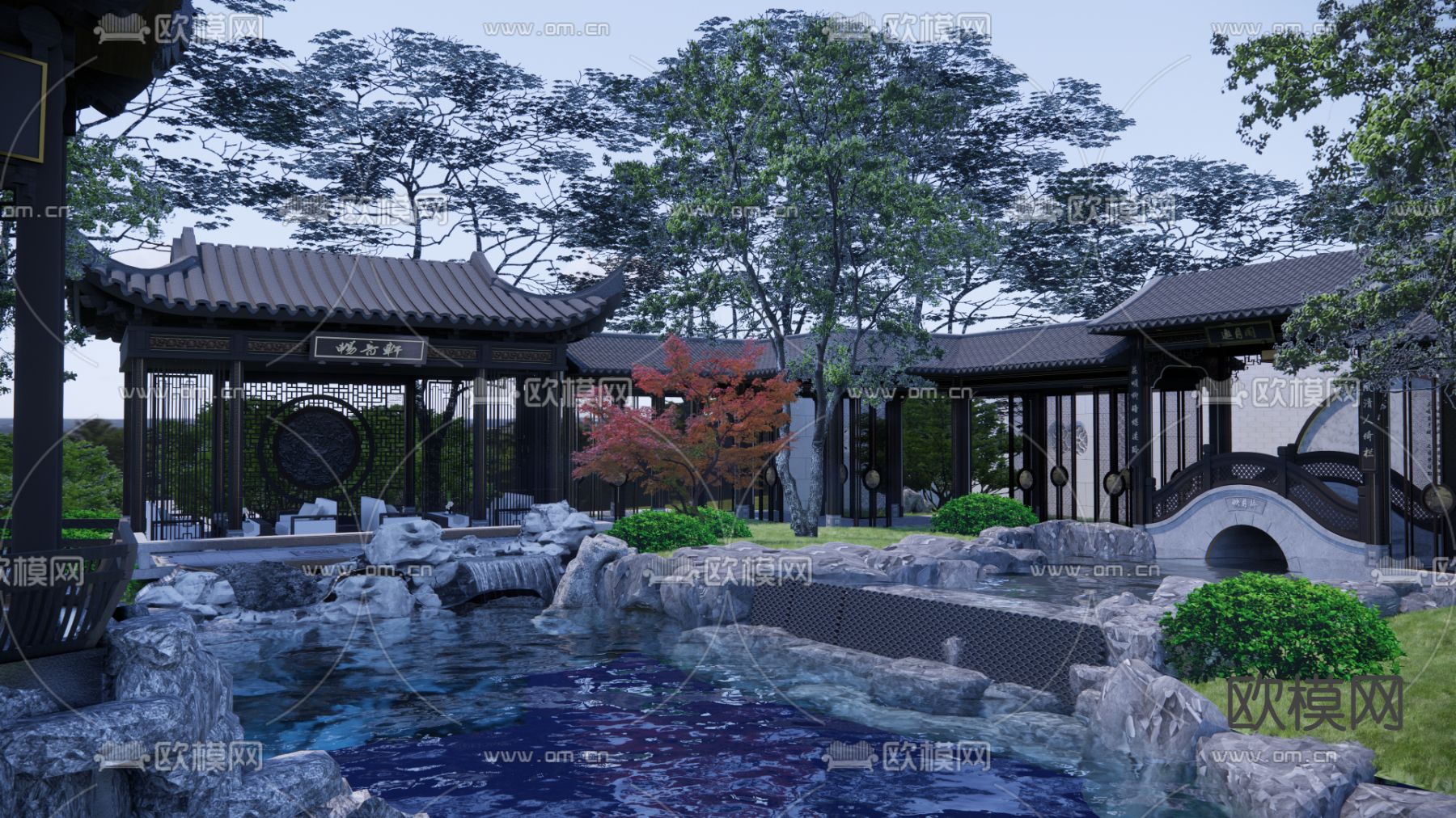 中式水庭院亭廊su模型下载（渲染图1）