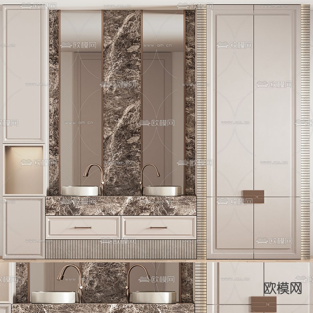 轻奢双盆洗手台 洗手盆3d模型下载（渲染图1）