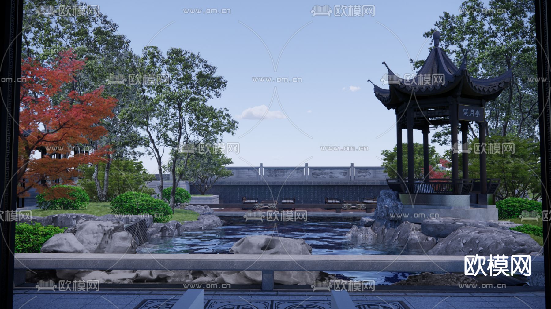 中式水庭院亭廊su模型下载（渲染图2）