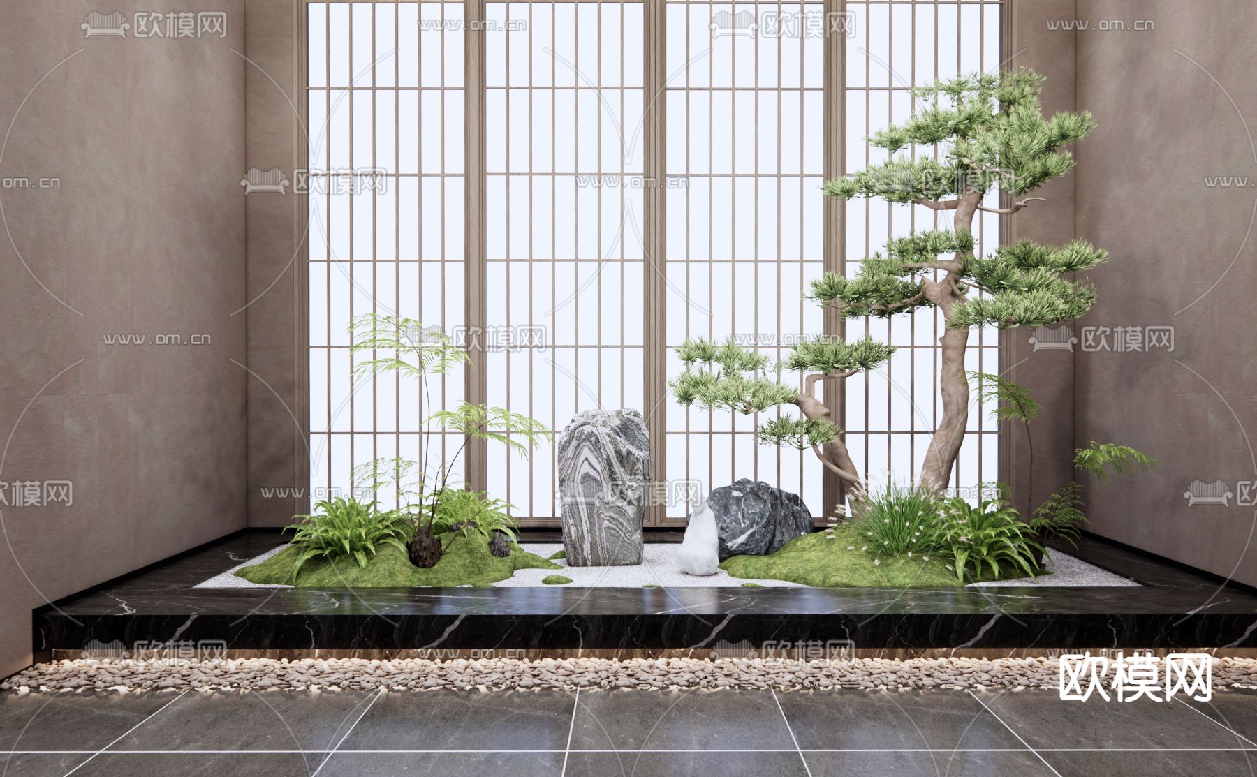 新中式松树石头景观小品3d模型下载