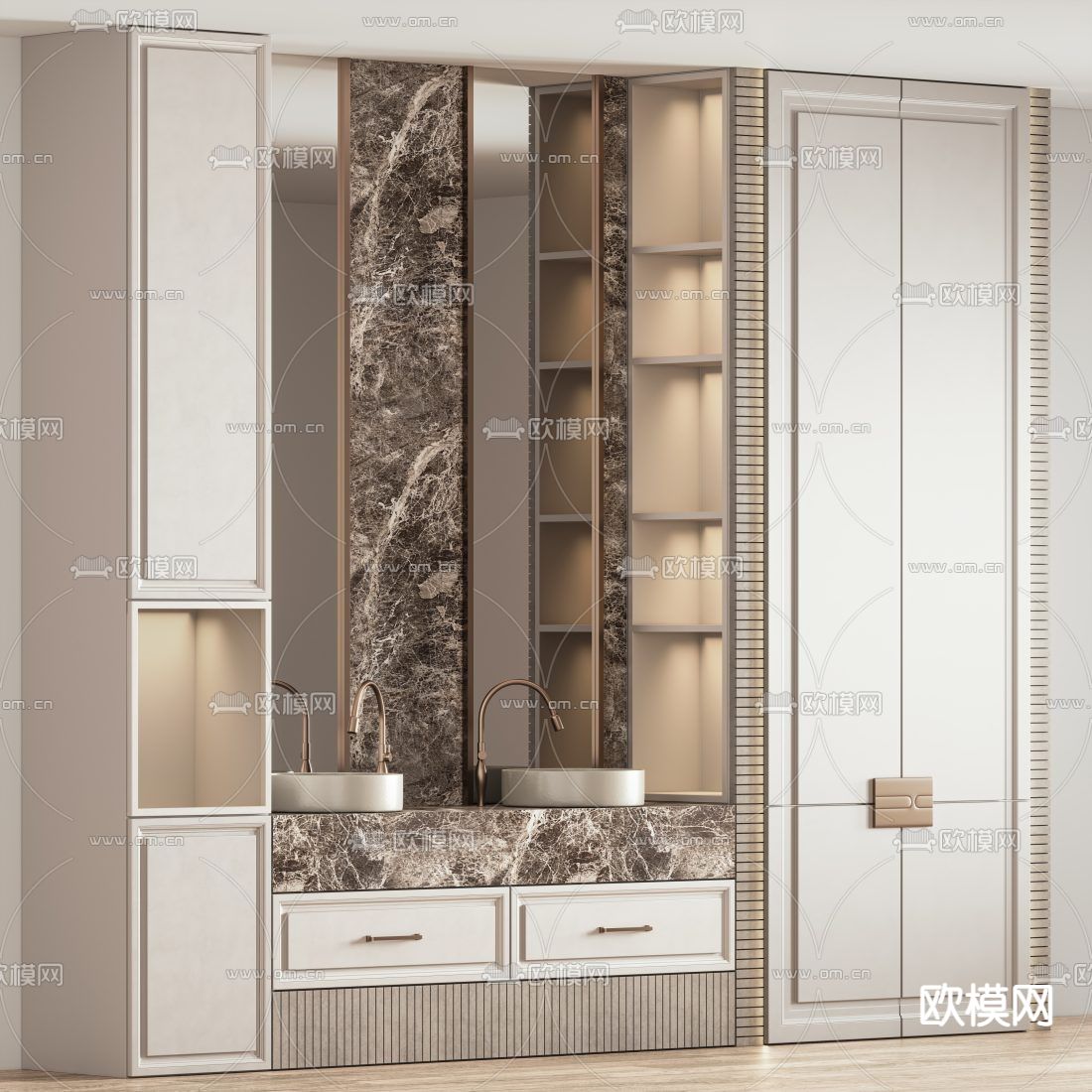 轻奢双盆洗手台 洗手盆3d模型下载（渲染图2）