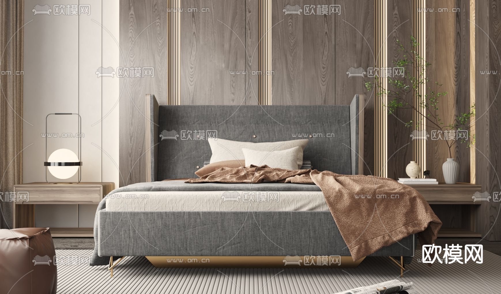 现代高背双人床3d模型下载