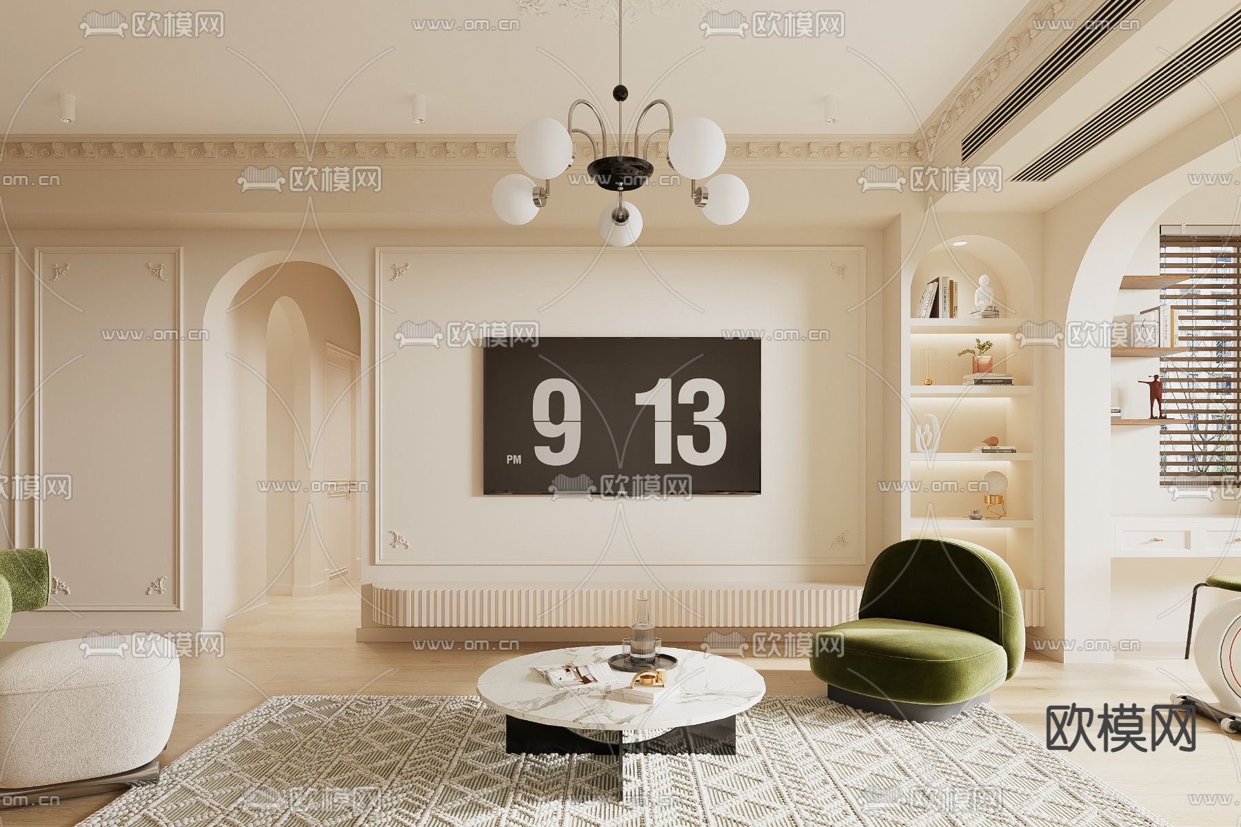 奶油风客餐厅3d模型下载（渲染图4）