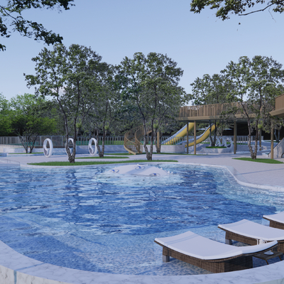  现代小区游泳池su模型 