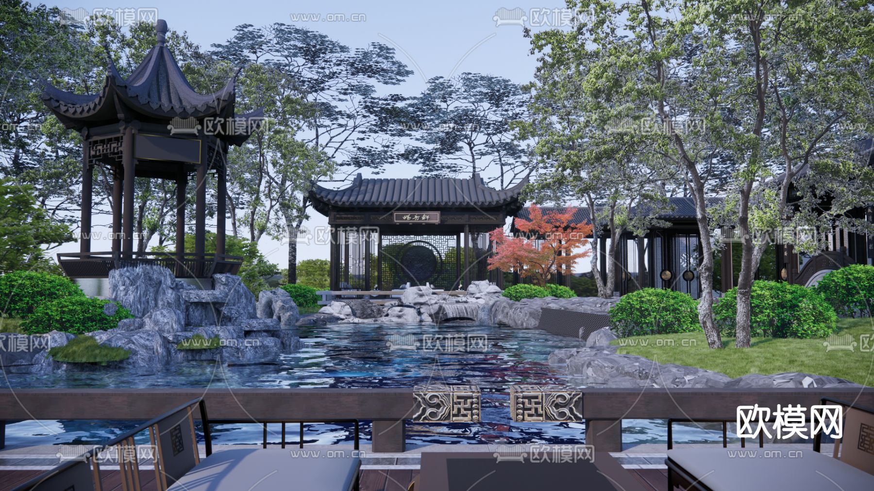 中式水庭院亭廊su模型下载（渲染图4）