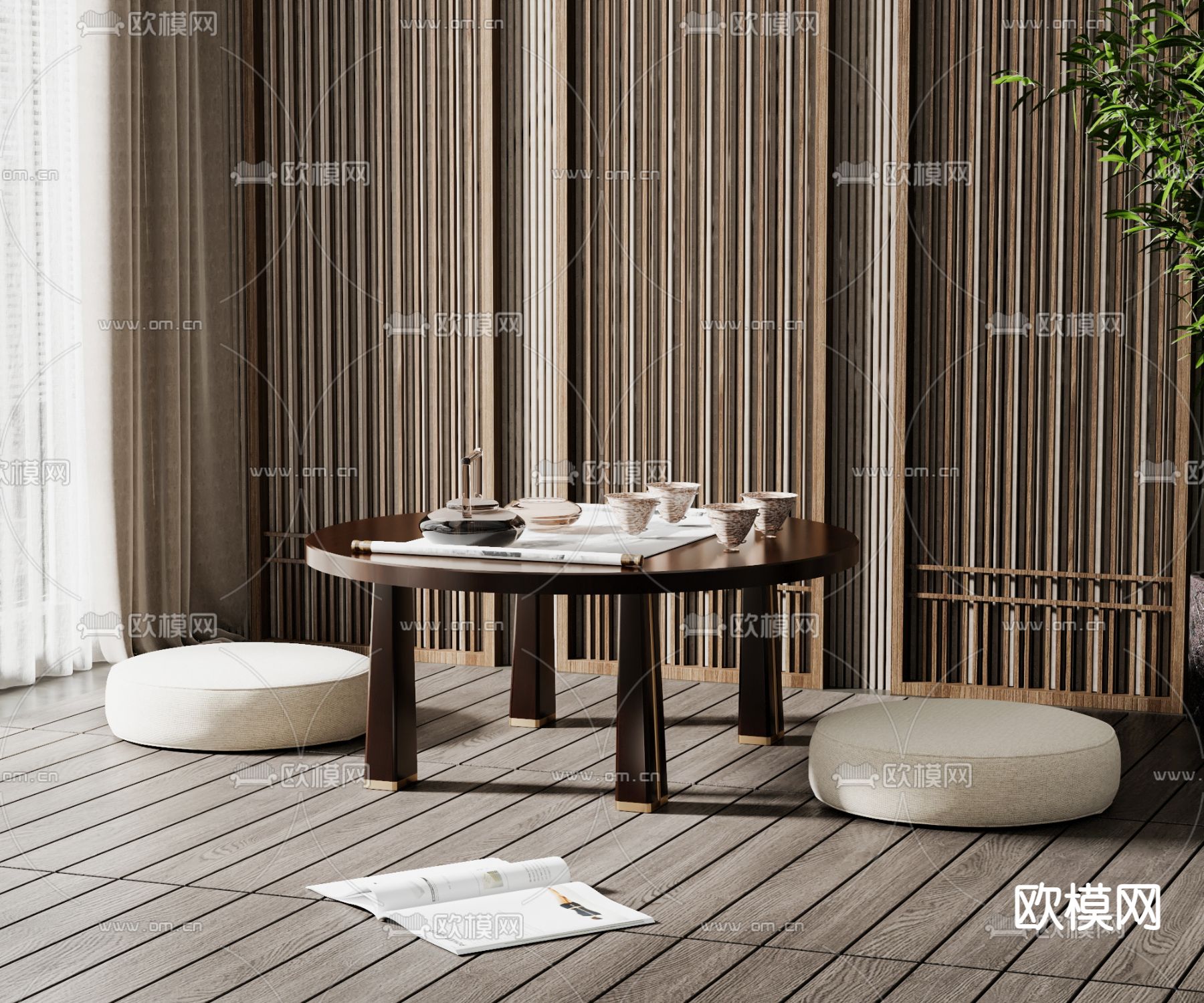 新中式榻榻米茶桌椅3d模型下载