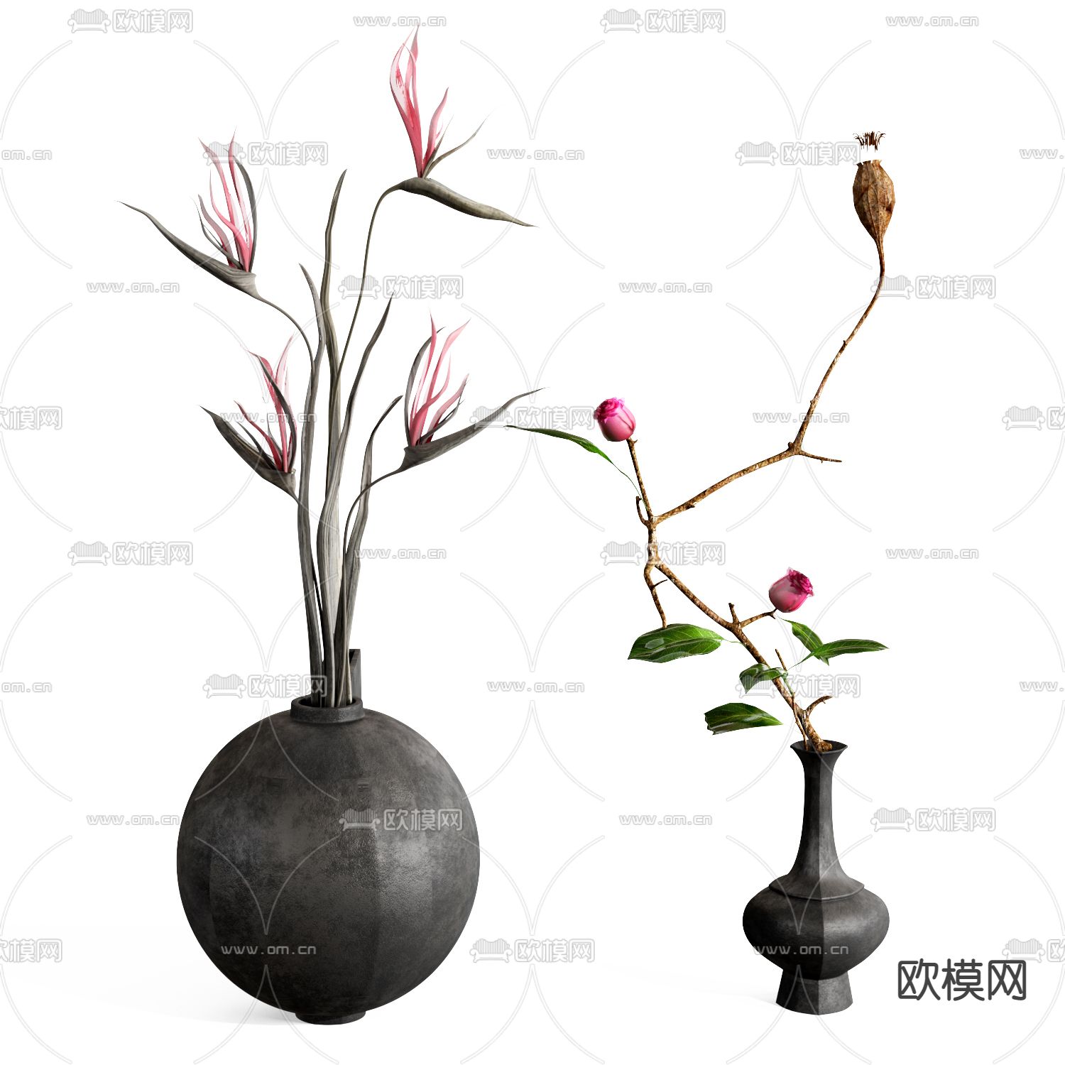 新中式干枝 陶瓷花瓶 插花 花艺3d模型