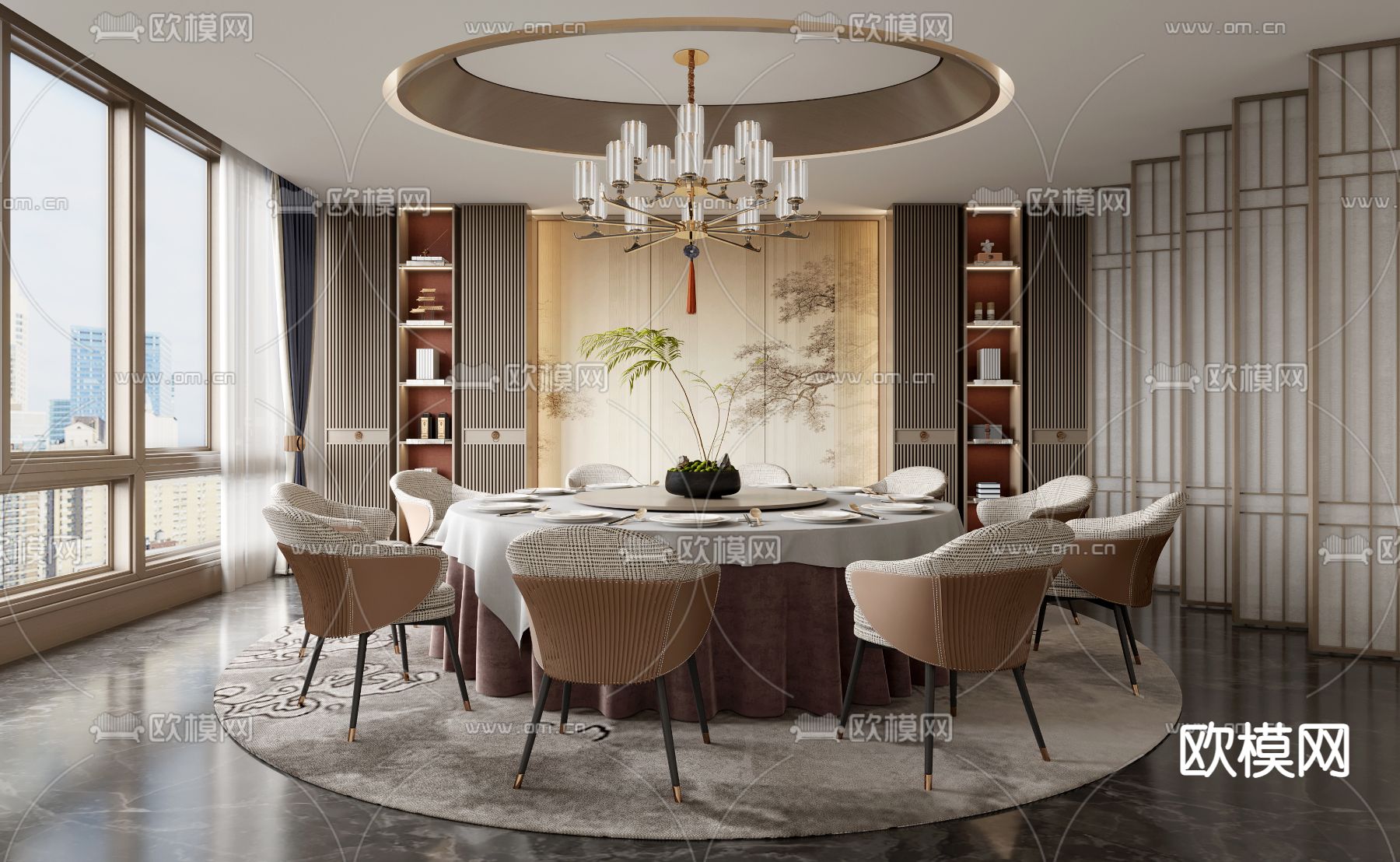 新中式餐厅包间su模型下载（渲染图1）