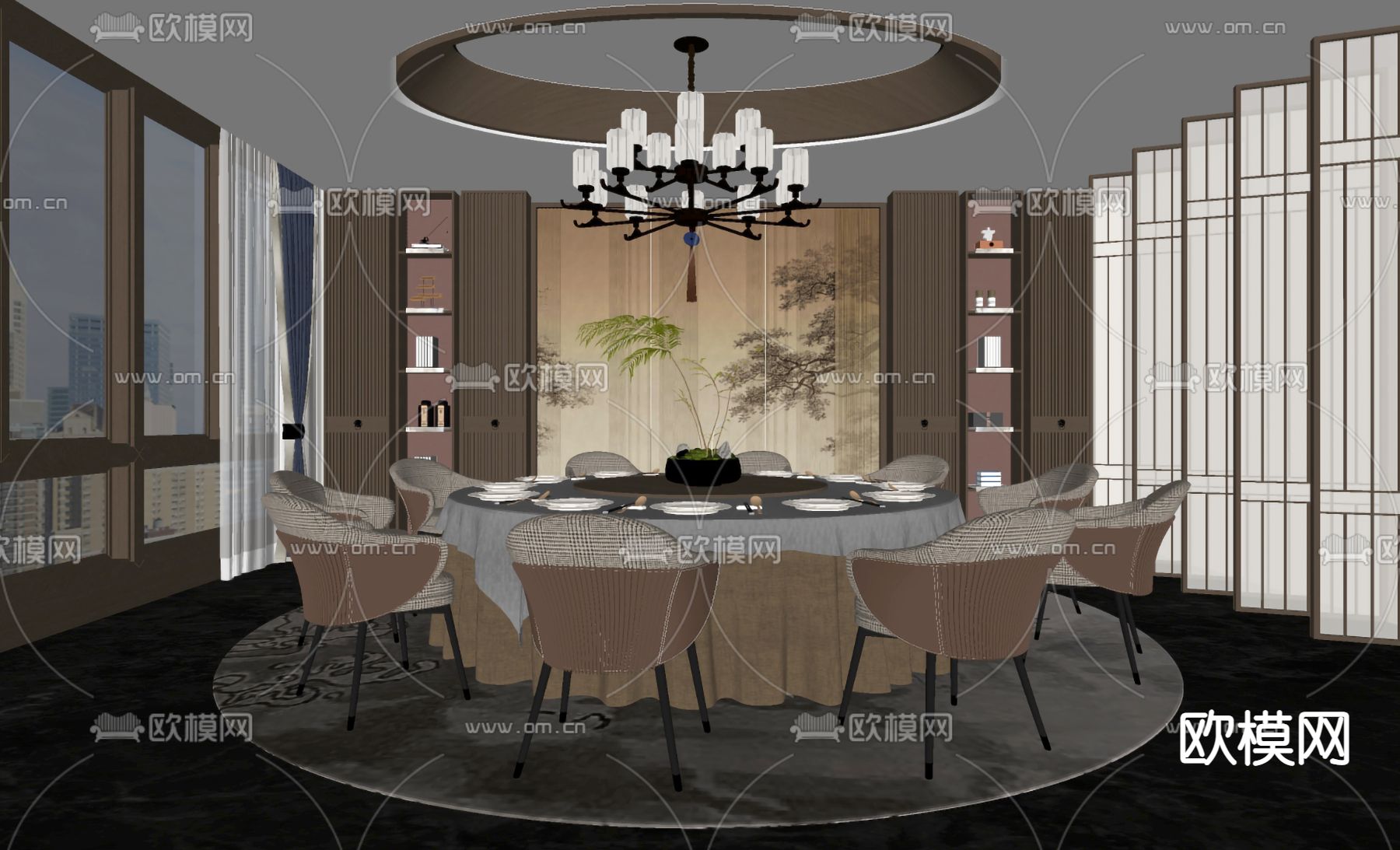 新中式餐厅包间su模型下载（渲染图2）