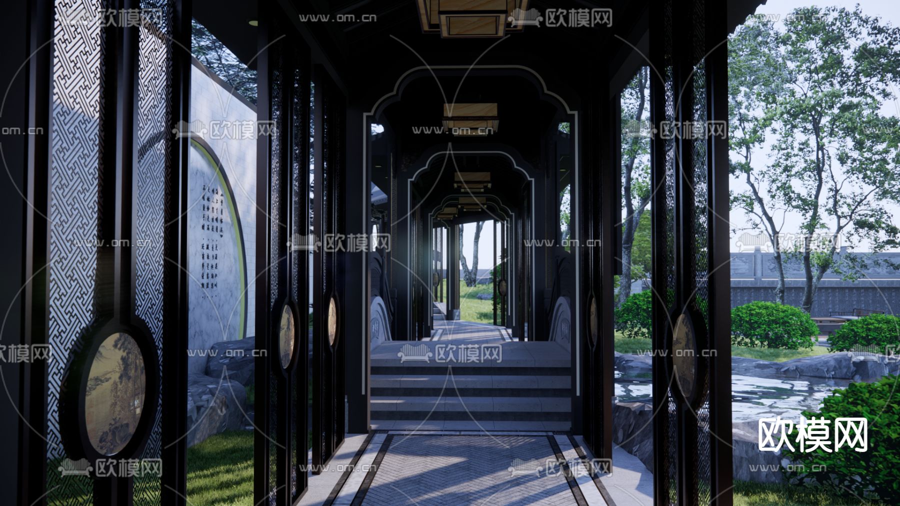 中式水庭院亭廊su模型下载（渲染图5）