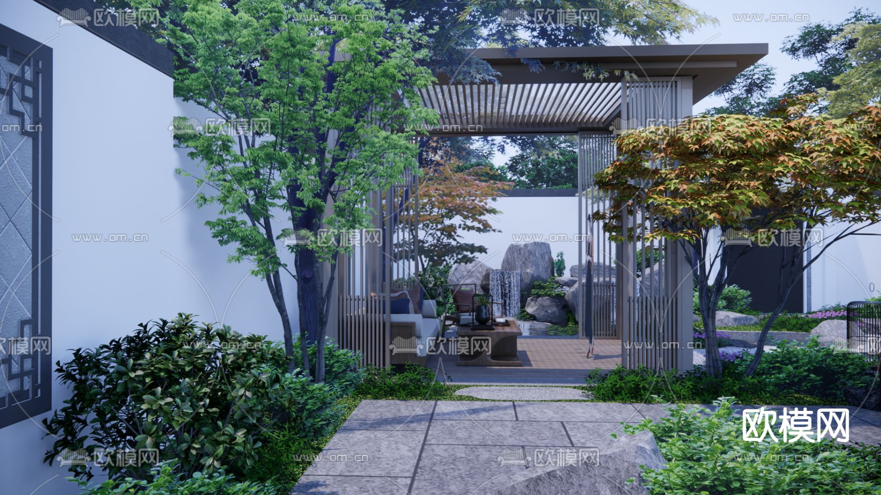 中式别墅庭院su模型下载（渲染图2）