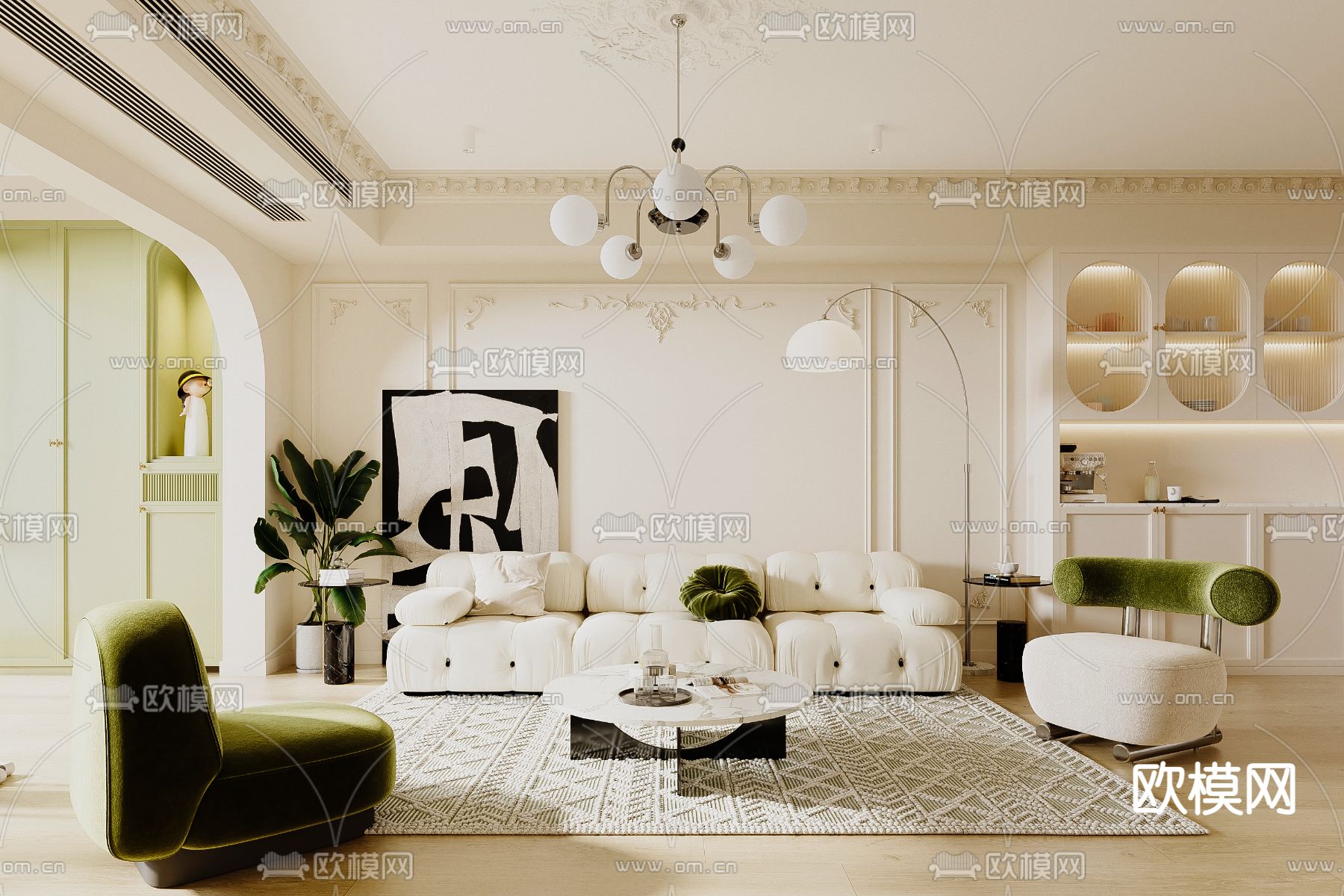 奶油风客餐厅3d模型下载（渲染图1）