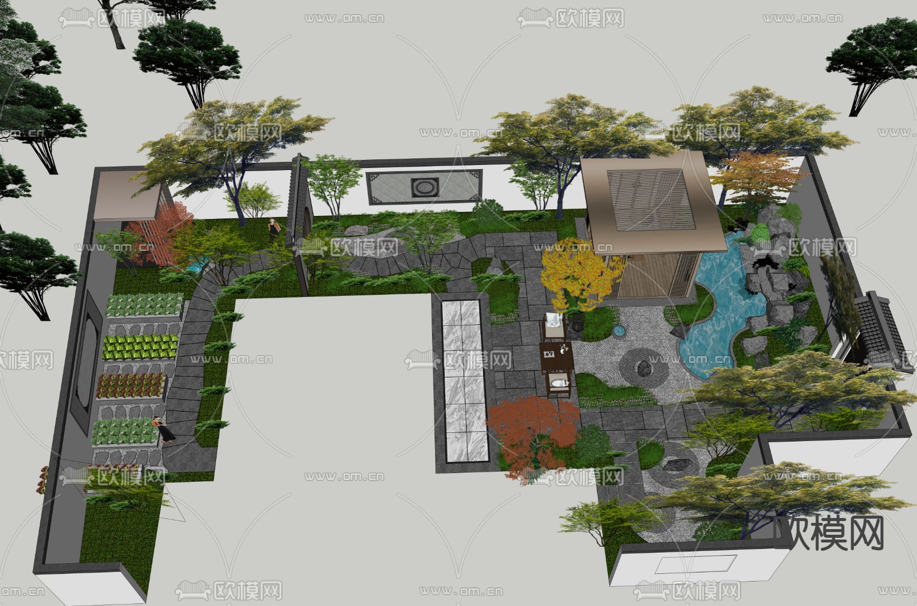 中式别墅庭院su模型下载（渲染图4）