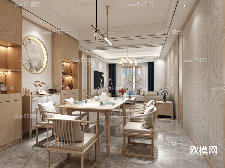 新中式客餐厅免费3d模型下载_ID12197750_3dmax免费模型-欧模网