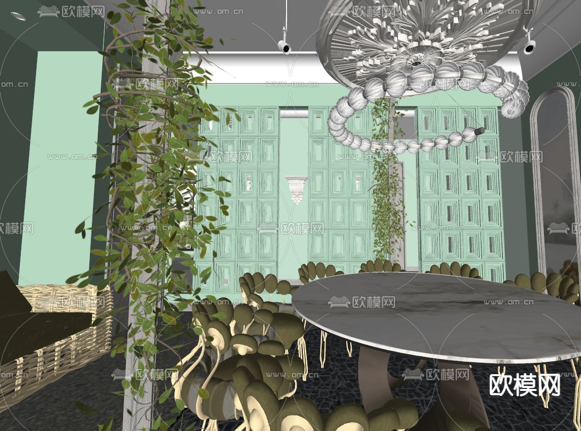 现代植物主题餐厅包房su模型下载（渲染图2）