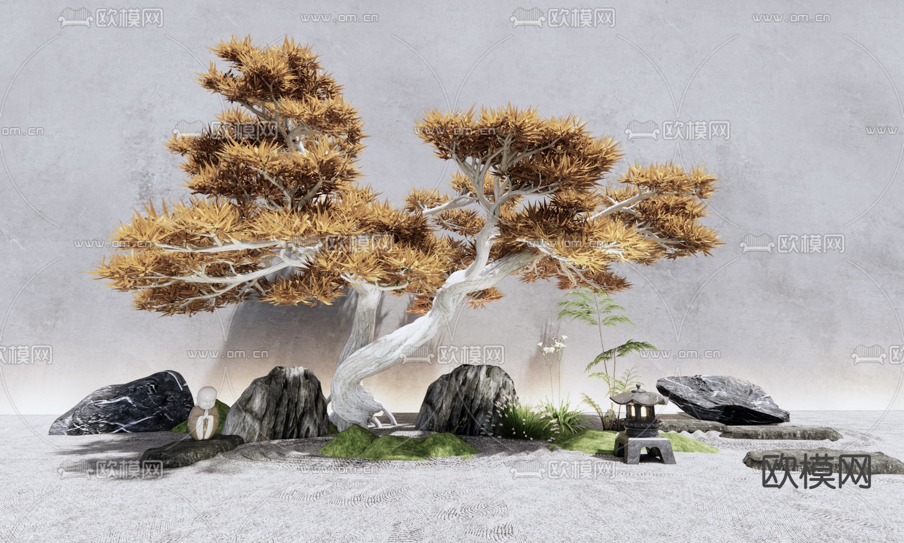 新中式庭院松树造景3d模型下载