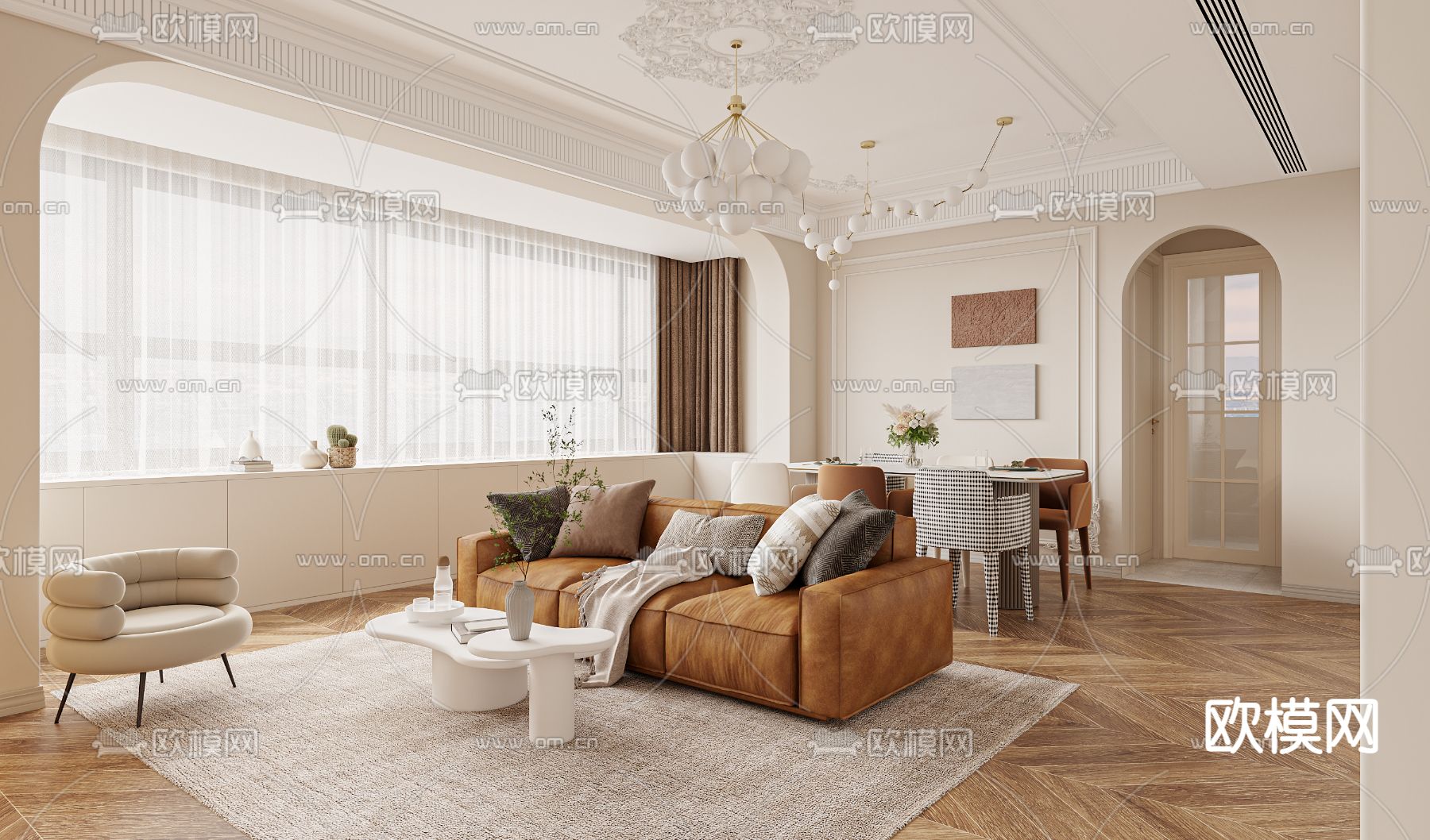 奶油风客餐厅3d模型下载（渲染图3）