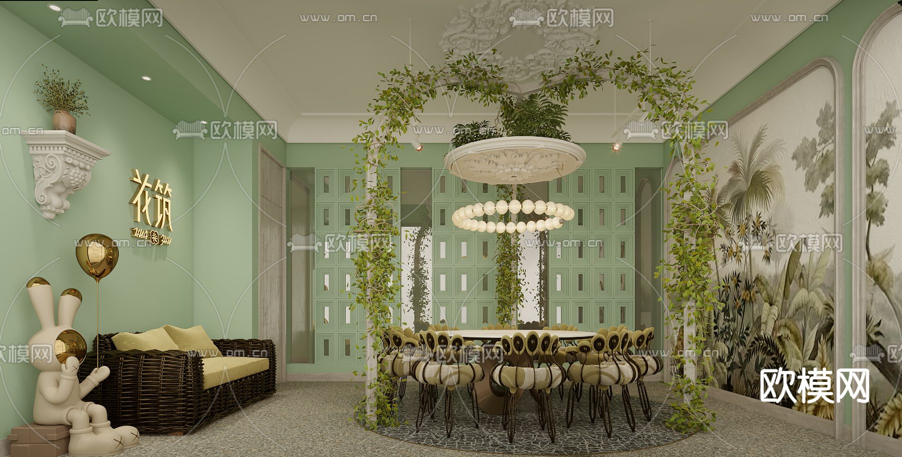 现代植物主题餐厅包房su模型下载（渲染图1）