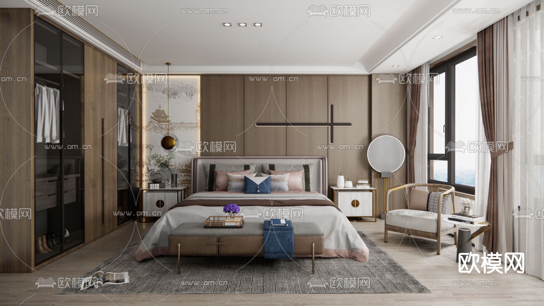 新中式卧室 主人房su模型下载（渲染图1）