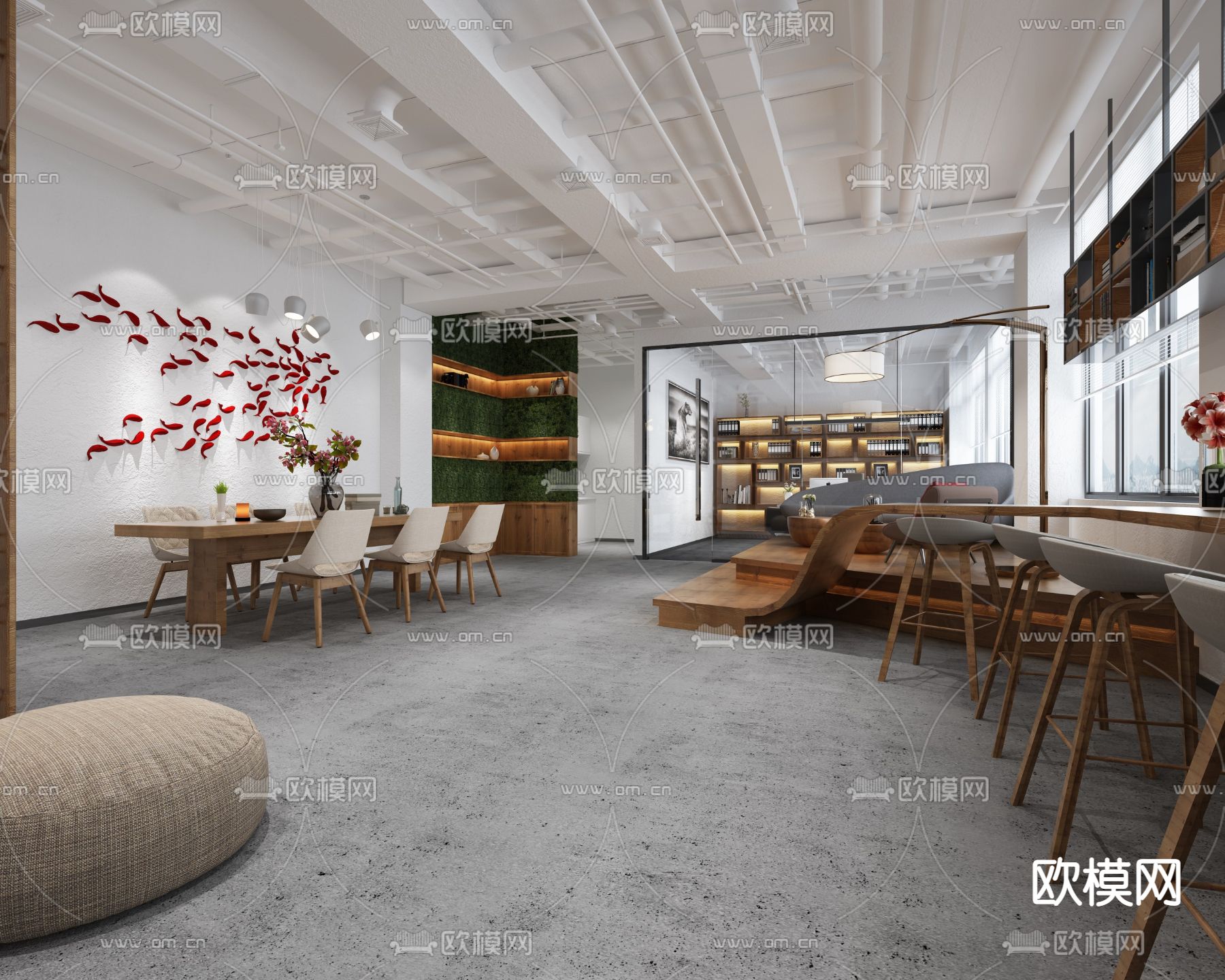 现代办公休息区su模型下载（渲染图1）