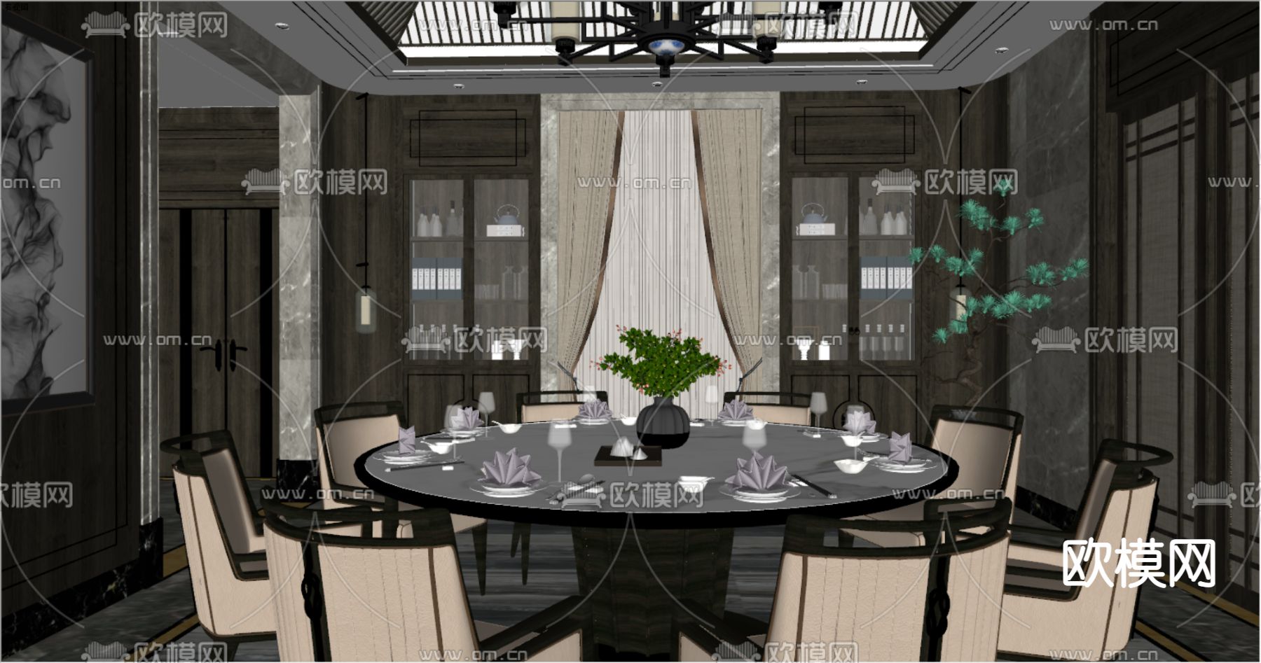 新中式餐厅su模型下载（渲染图2）