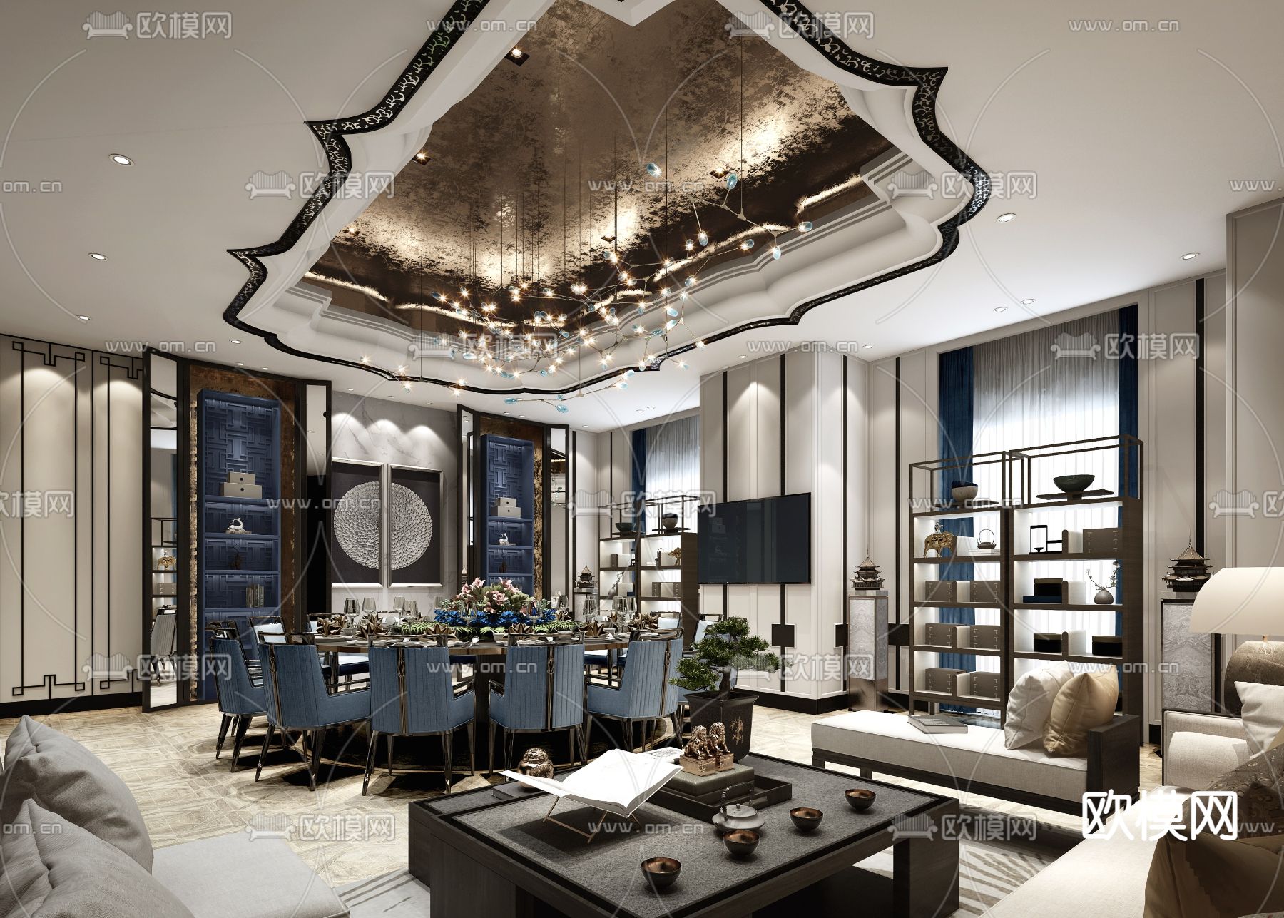 新中式餐厅su模型下载（渲染图1）
