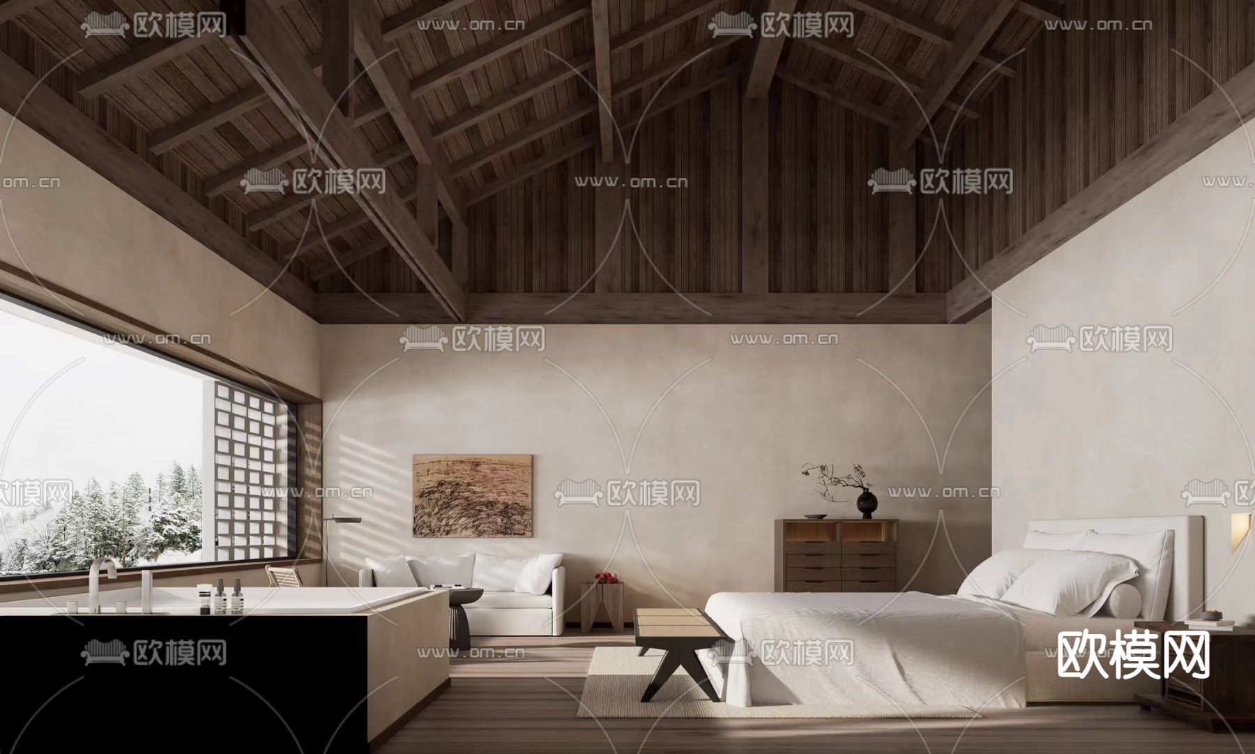 侘寂风民宿客房su模型下载（渲染图1）