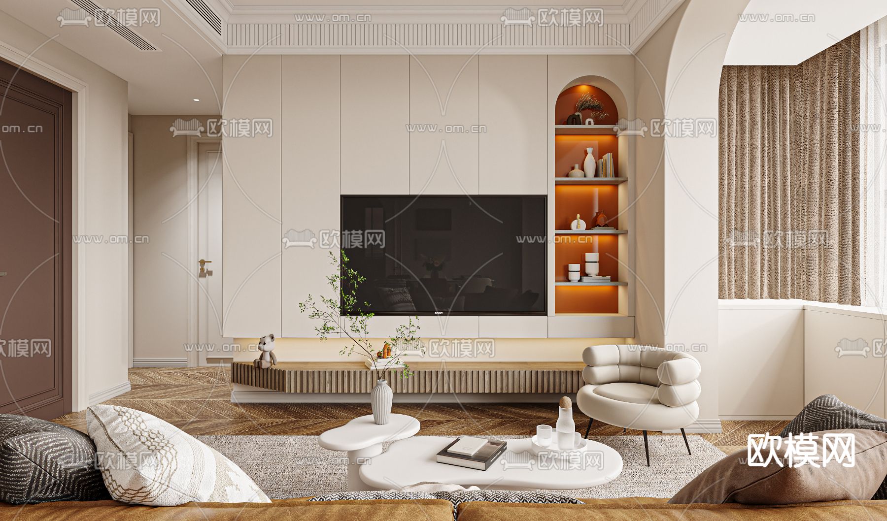 奶油风客餐厅3d模型下载（渲染图2）