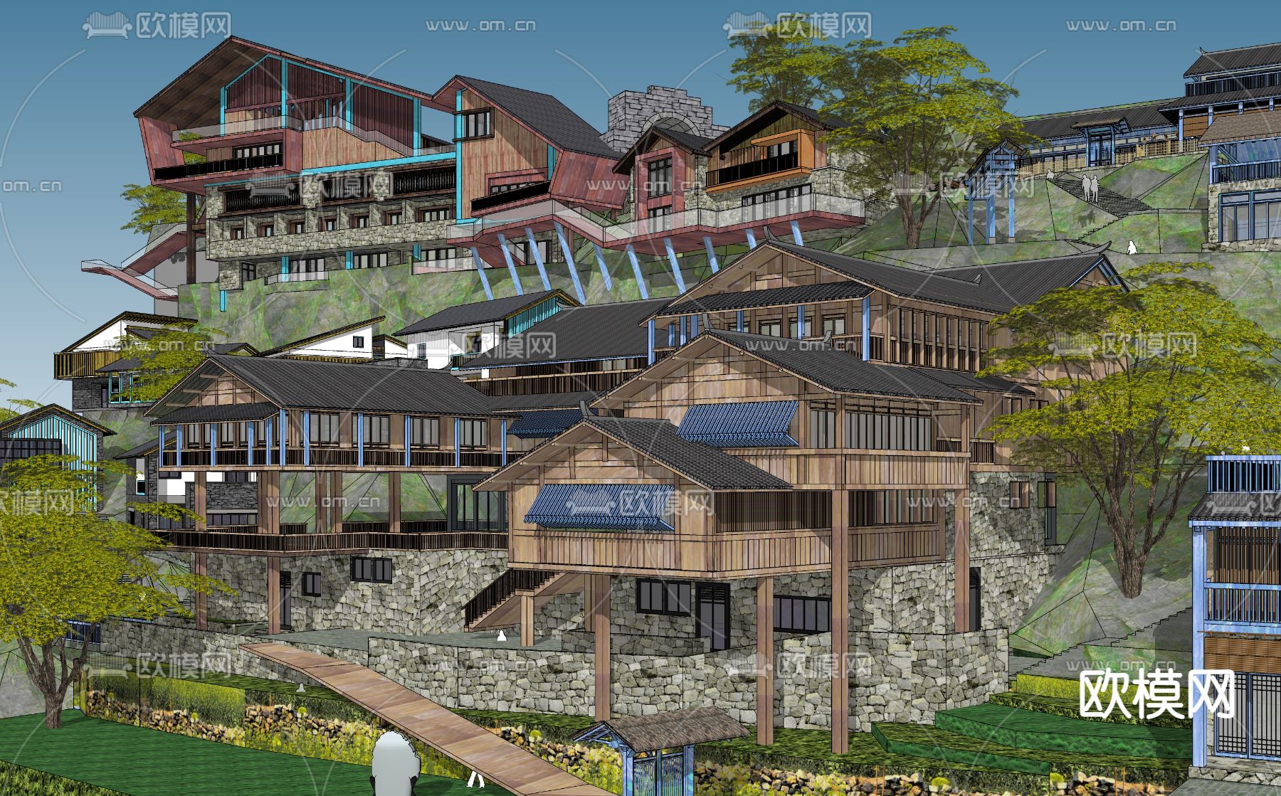 新中式山地高差古镇村落景观su模型下载（渲染图2）