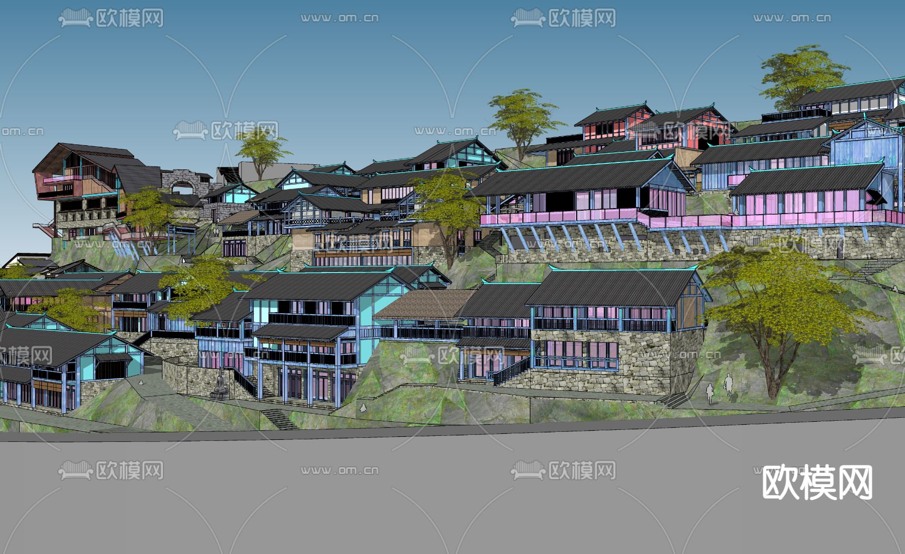 新中式山地高差古镇村落景观su模型下载（渲染图1）