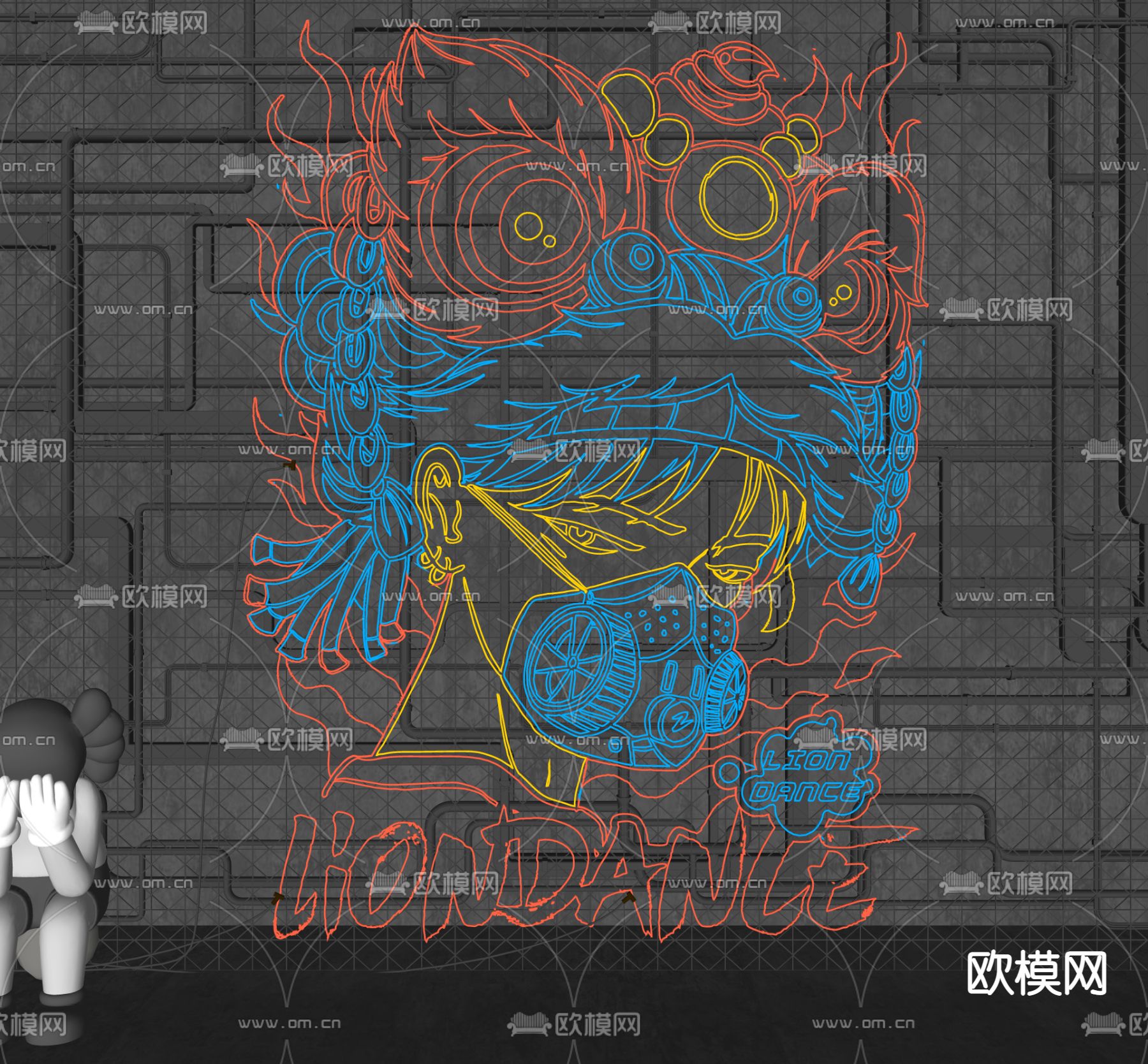 现代国潮霓虹灯su模型下载（渲染图2）