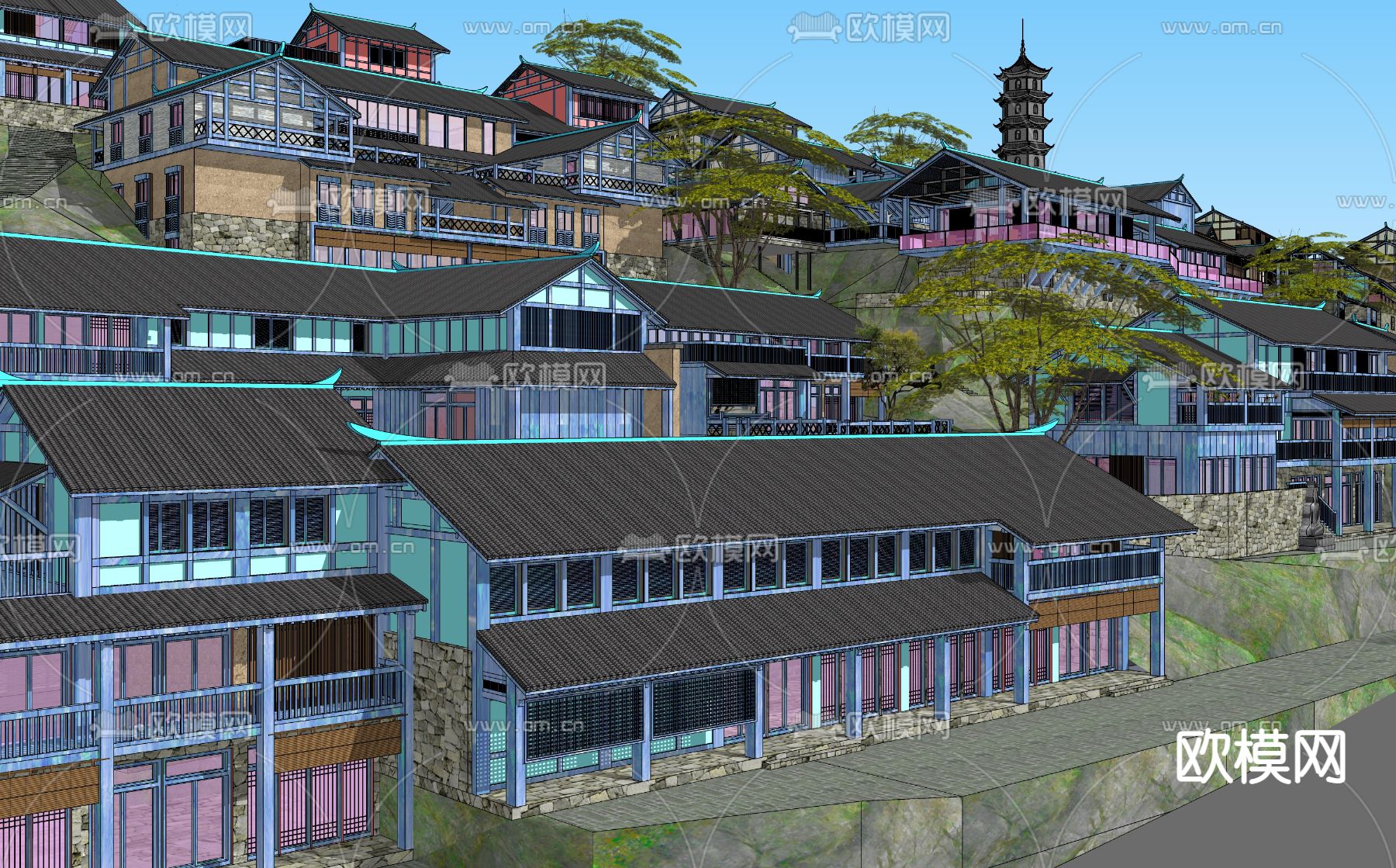 新中式山地高差古镇村落景观su模型下载（渲染图3）