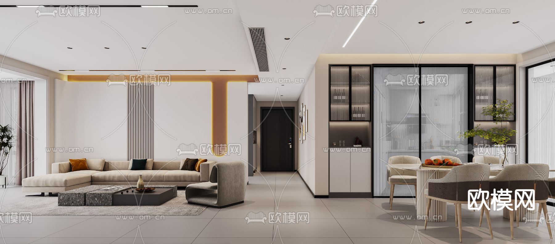 现代客餐厅免费3d模型下载（渲染图1）