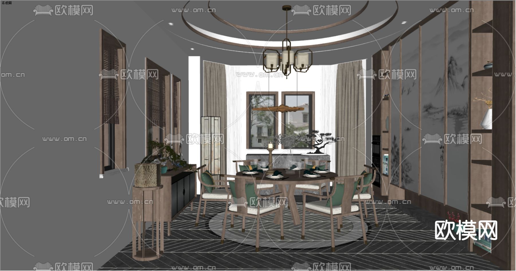 新中式餐厅su模型下载（渲染图2）