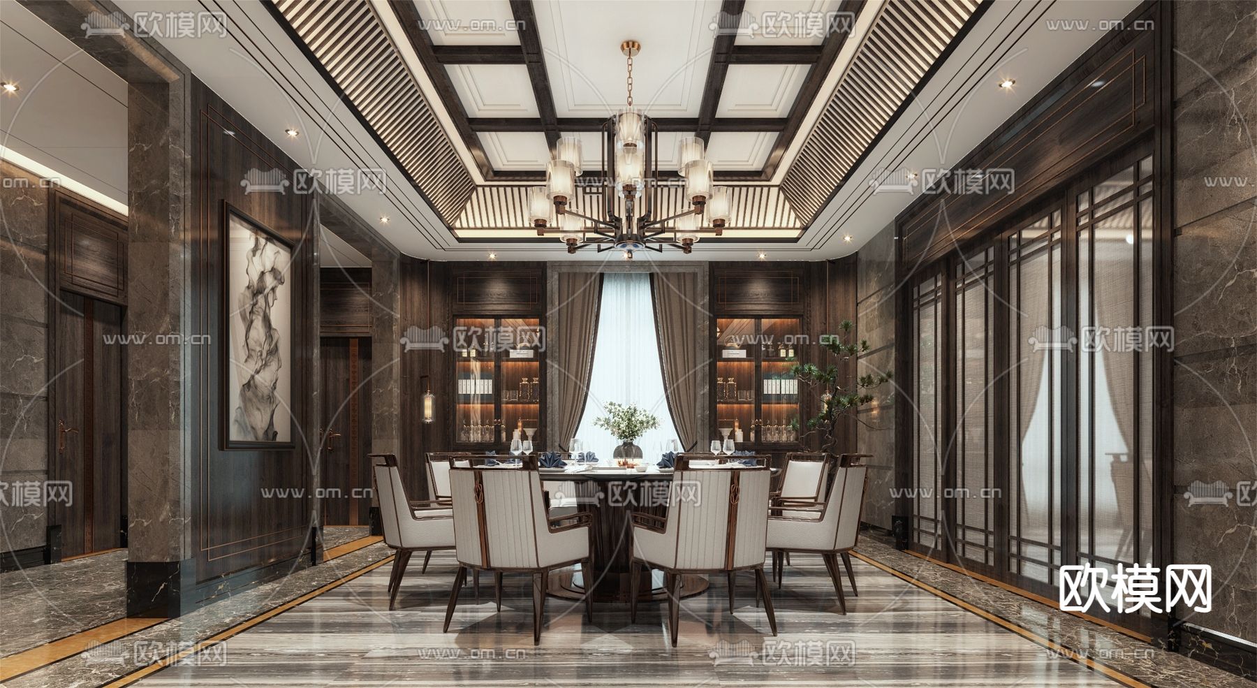 新中式餐厅su模型下载（渲染图1）