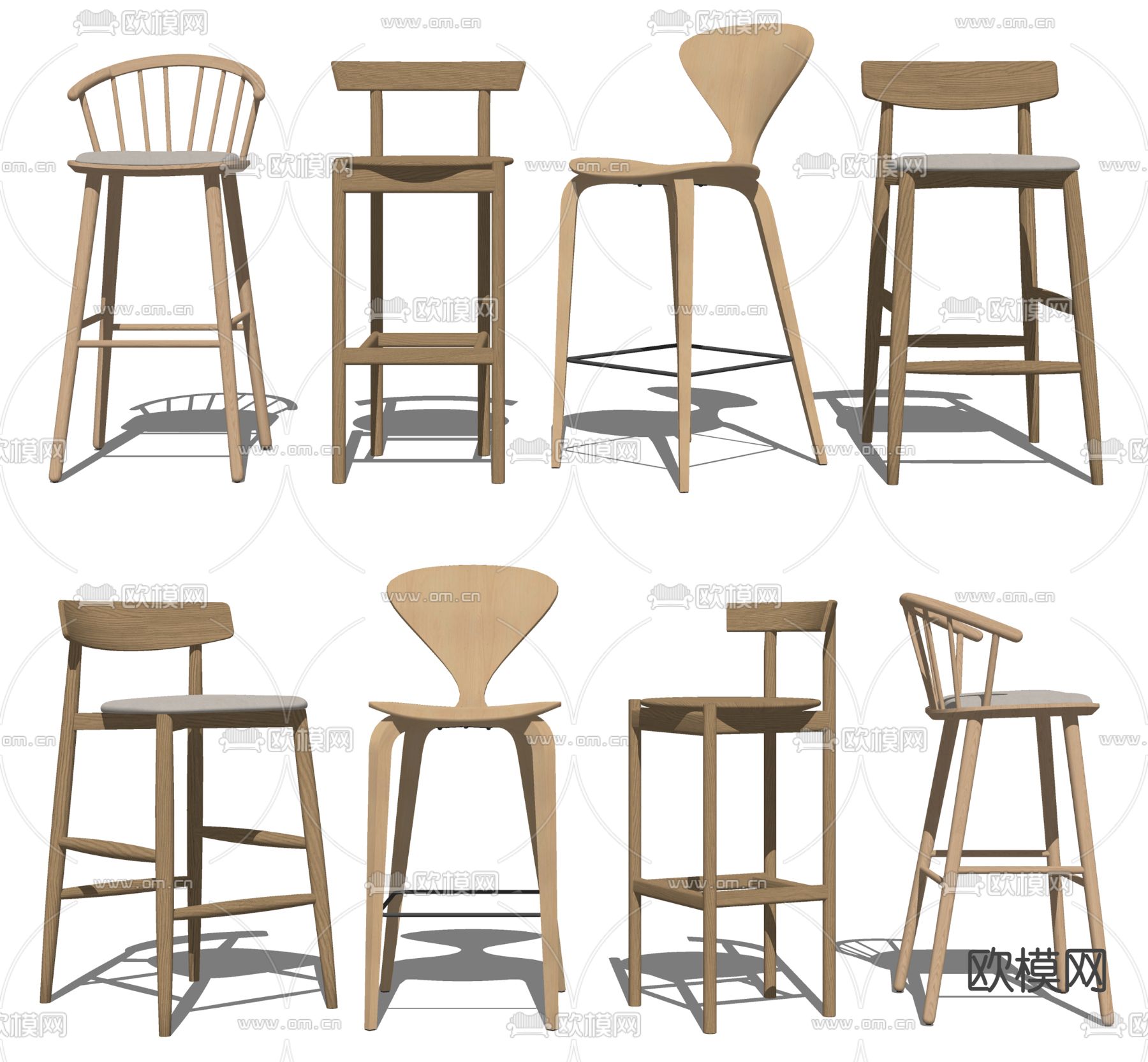 北欧风靠背吧台椅 吧凳su模型下载（渲染图2）