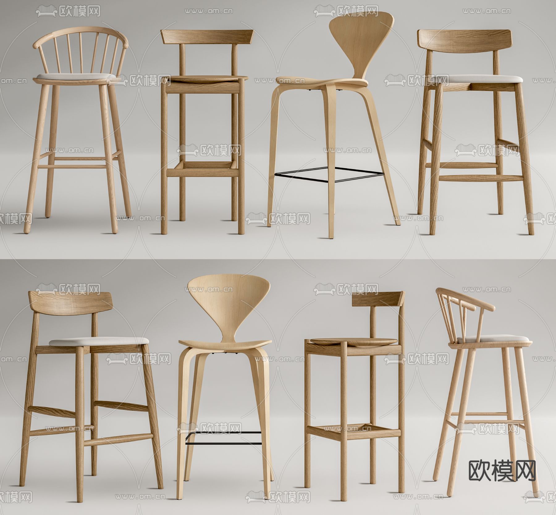 北欧风靠背吧台椅 吧凳su模型下载（渲染图1）