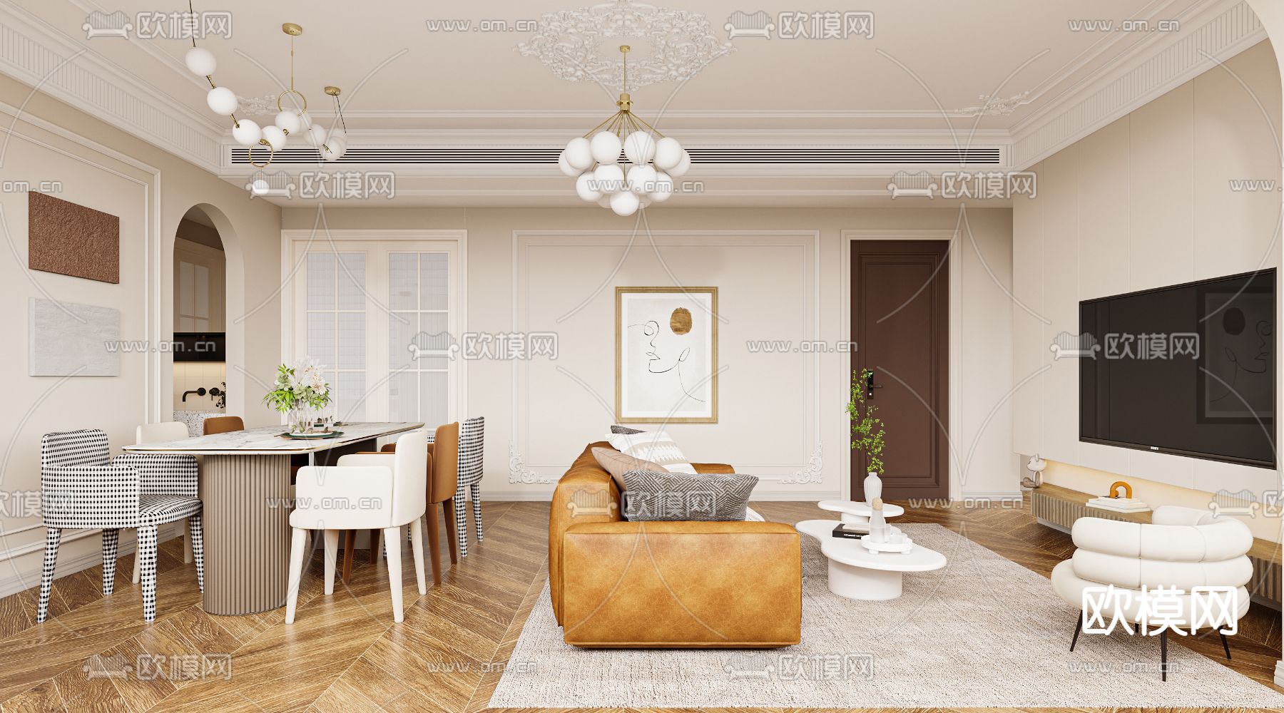 奶油风客餐厅3d模型下载（渲染图1）