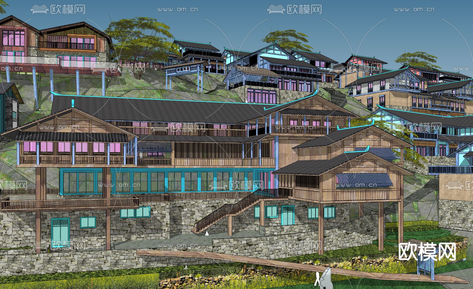 新中式山地高差古镇村落景观su模型下载（渲染图4）
